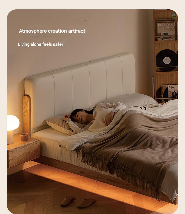 Solid Oak Wood Modern Minimalist Soft Leaning Bed Frame - Queen Size Platform Bed for Bedroom, Guest Room & Small Spaces