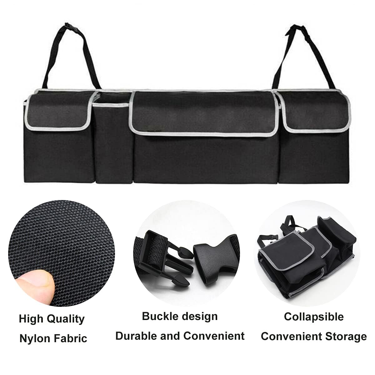 Best Car Trunk Organizer for SUV & Sedan - 4-Pocket Hanging Storage Bag with Collapsible Design | Space-Saving Car Interior Accessories for Women & Men | Perfect for Road Trips, Grocery Shopping & Daily Commute