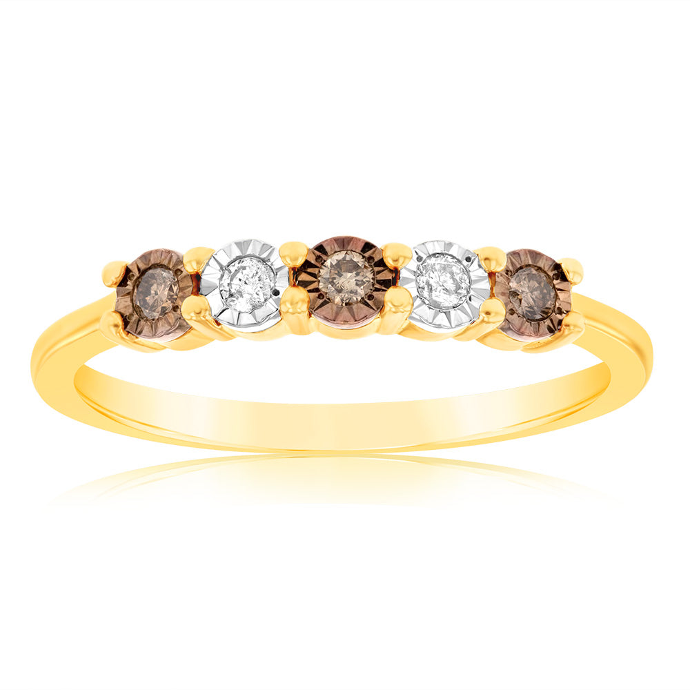 9ct Yellow Gold Australian Champagne Diamond Ring with 2 Brilliant White Diamonds - Elegant Wedding Band & Anniversary Gift for Her