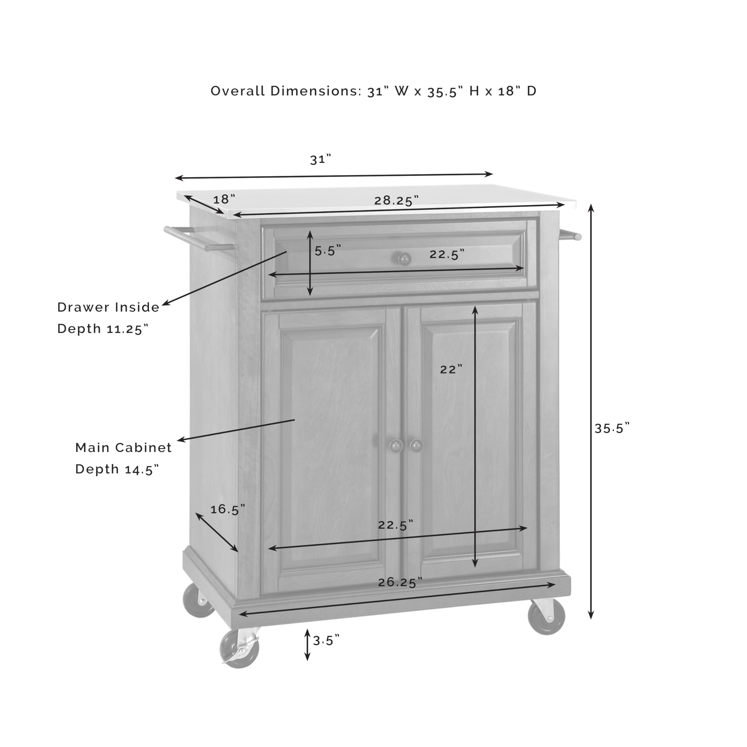 Crosley Compact Stainless Steel Rolling Kitchen Cart with 3 Shelves - Microwave Stand, Towel Rack & Storage Organizer for Small Spaces - Perfect for Apartments, Dorms, Kitchens & Bathrooms