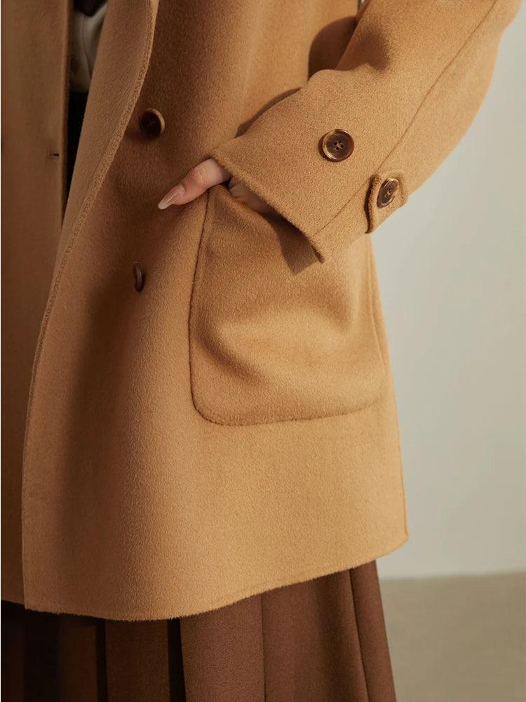 Women's Winter Double Breasted Wool Jacket - Short Loose Fit Belted Coat with Navy Collar | Warm Office Wear & Casual Outerwear for Business Women