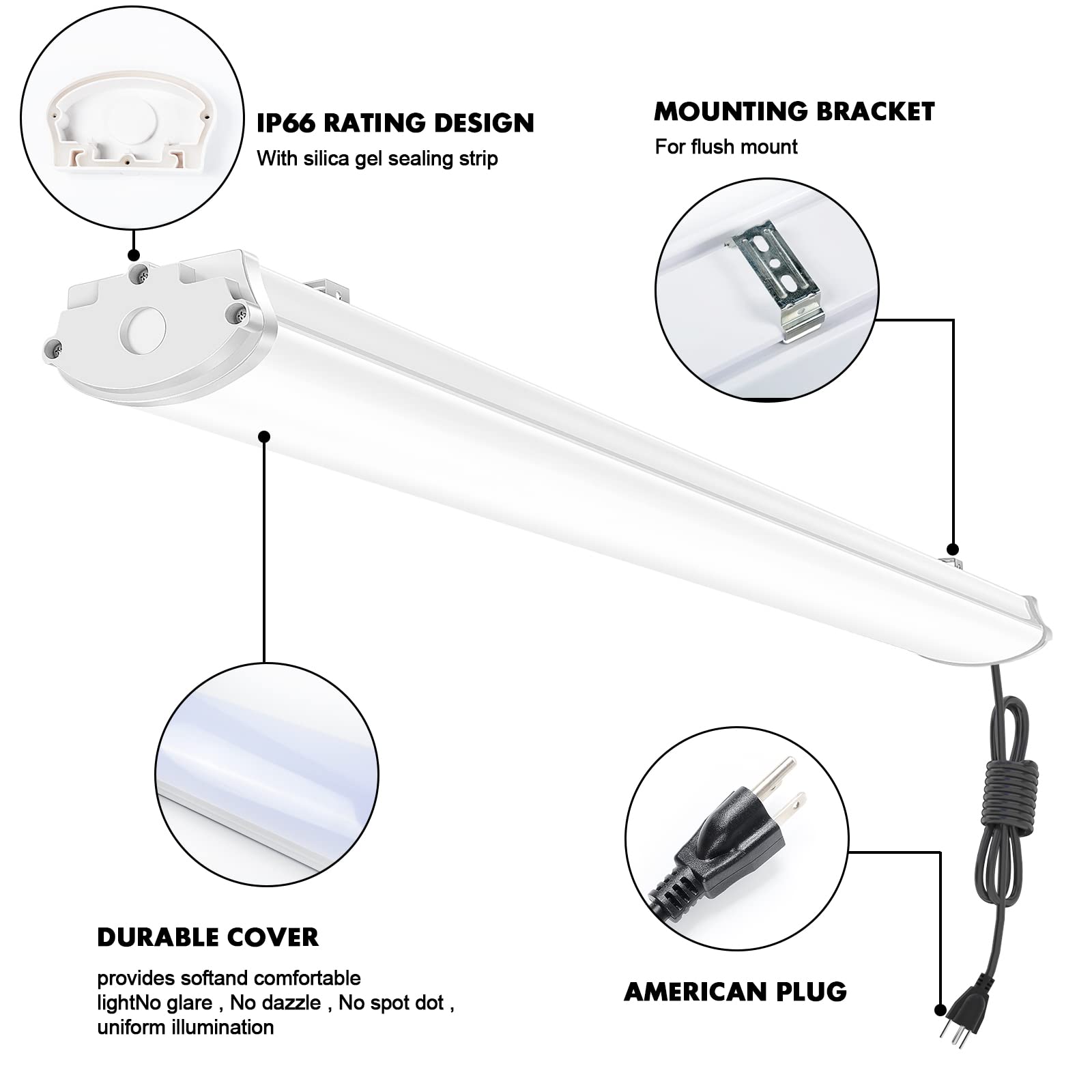 ANTLUX 4FT LED Vapor Tight Light Fixture - 50W 5000LM (120W Equivalent) - IP66 Waterproof Tri-Proof Shop Lights for Outdoor, Garage, Carport, Car Wash & Freezer - Plug-in LED Lighting - 4 Pack - Perfect for Commercial & Industrial Spaces