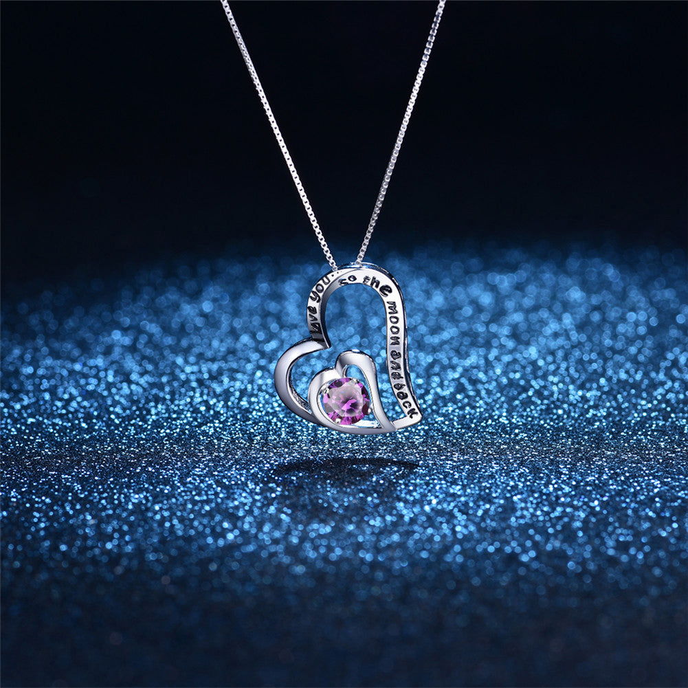 Double Heart Pendant Necklace with Natural Amethyst - Romantic 'I Love You To The Moon and Back' Jewelry Gift for Women, Girlfriend, Wife | Perfect for Anniversary, Valentine's Day & Special Occasions