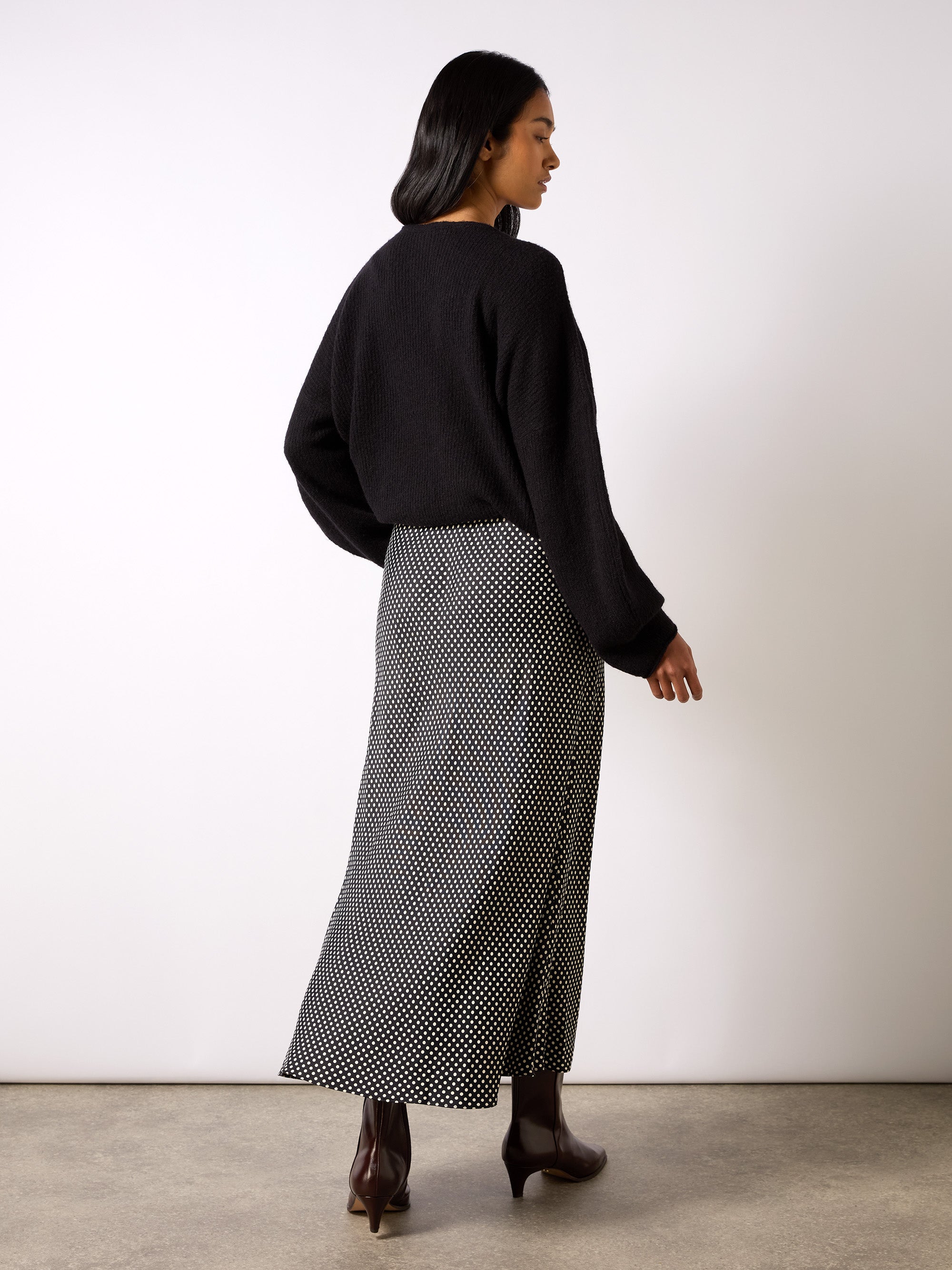 Elegant Mono Polka Dot Print Satin Skirt for Women - High Waist Flowy Midi Skirt - Perfect for Office, Party & Date Night Outfits