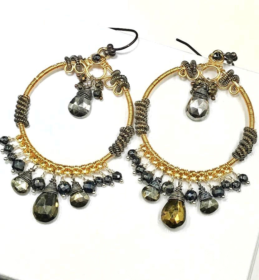 Gold Hoop Earrings with Pyrite Mixed Metals Coiled Silver - Elegant Statement Jewelry for Women, Perfect for Parties, Weddings & Everyday Wear