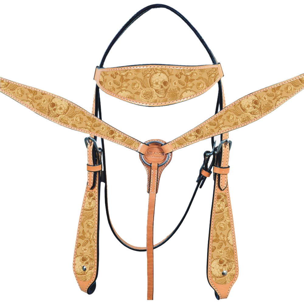 HILASON Western Horse Headstall Breast Collar Set - Genuine American Leather Skull Design | Durable Leather Headstall & Breast Collar | Complete Horse Tack Set for Riding & Training | Perfect for Trail Riding, Rodeo & Western Shows