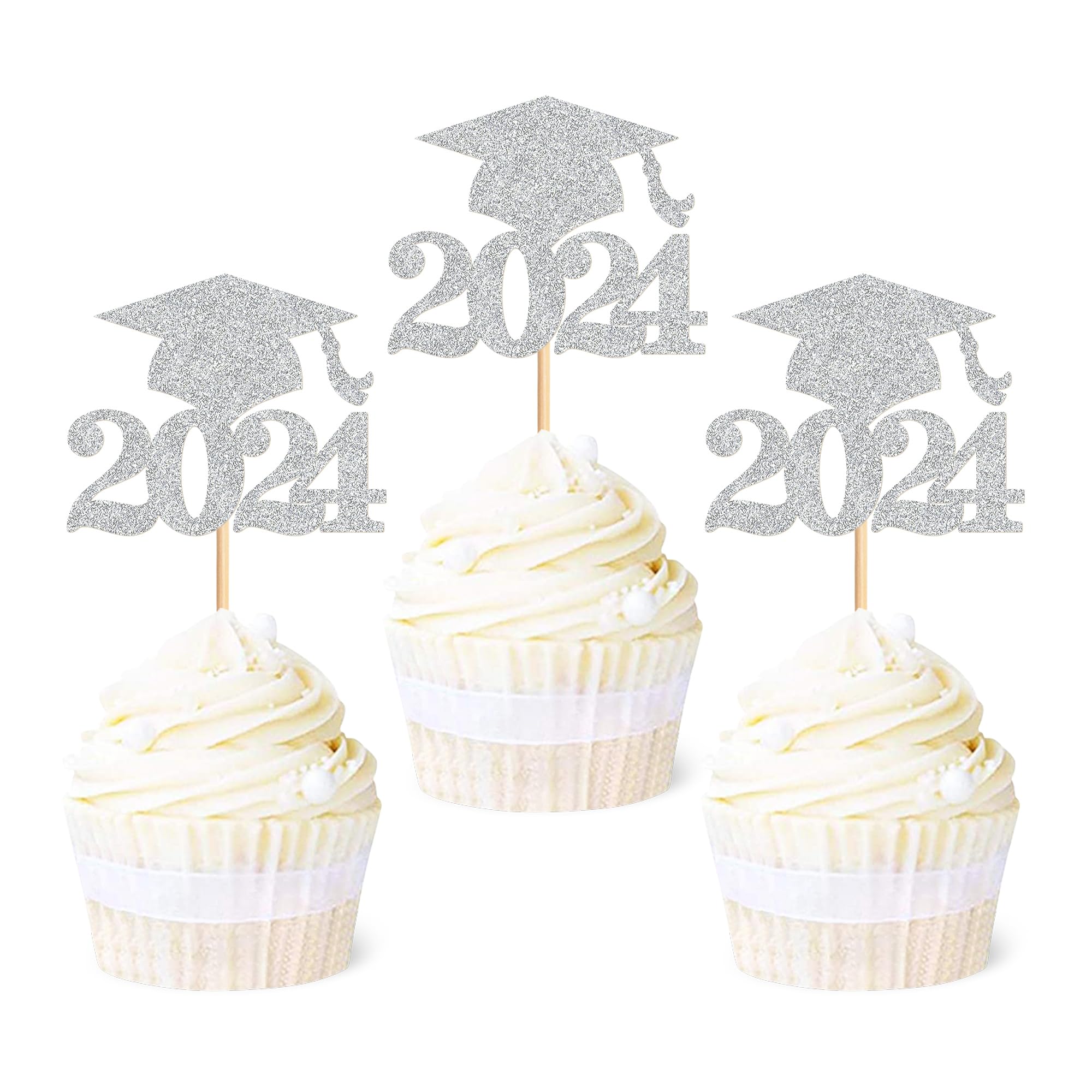 Ercadio 36 Pack 2024 Graduation Cupcake Toppers - Silver Glitter Class of 2024 Cake Decorations for Graduation Party, Birthday & Celebration (Perfect for Cupcakes, Cakes and Desserts)