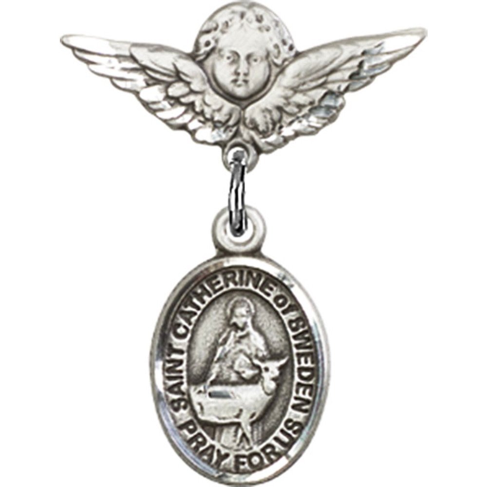 St. Catherine of Sweden Sterling Silver Baby Badge with Angel Wing Charm - 7/8 X 3/4 Inch Religious Pin for Christening, Baptism & First Communion Gifts