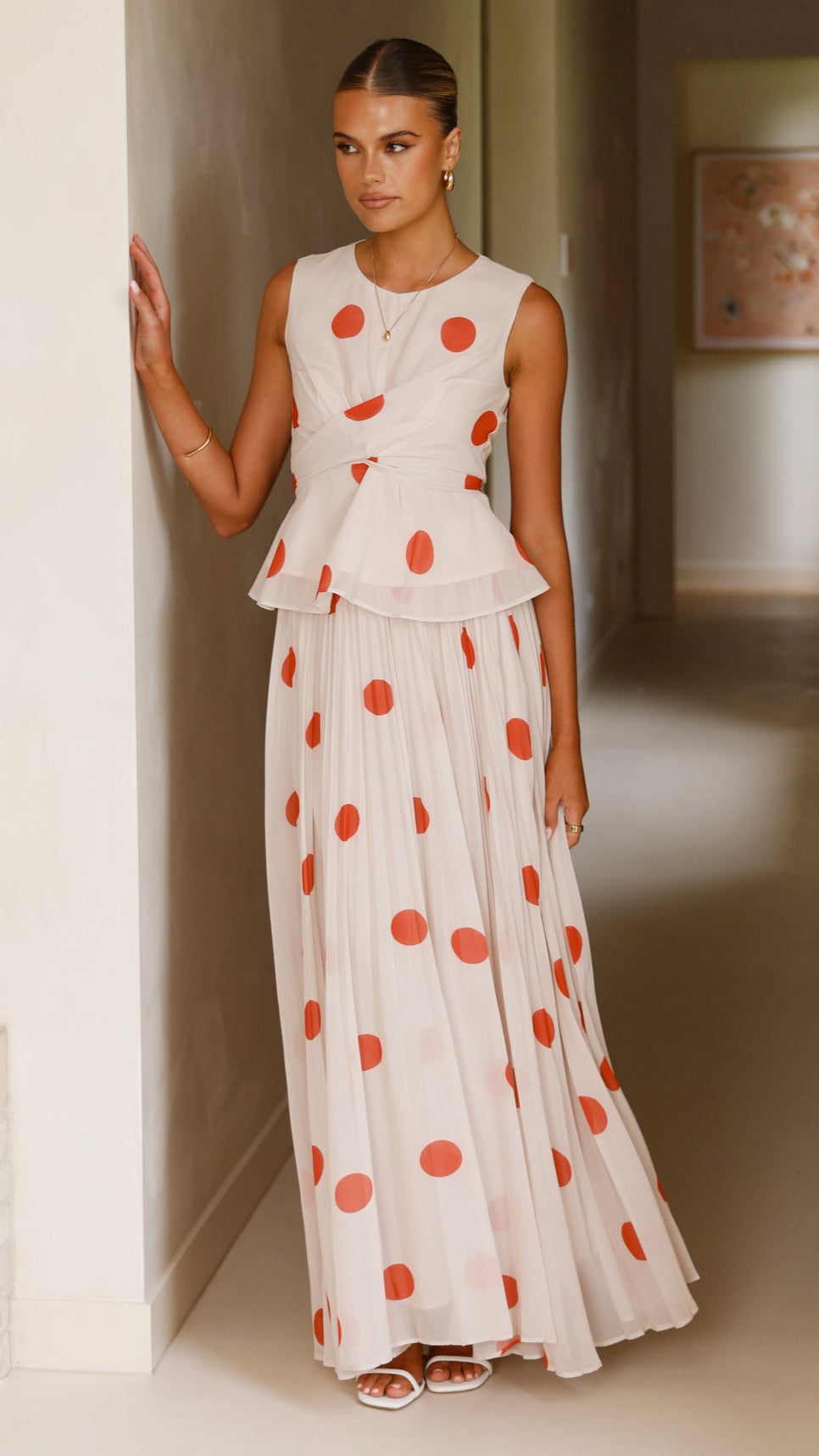 Cambree Peplum Top and Maxi Skirt Set - Beige & Red Polka Dot Outfit for Women | Casual Summer Dress, Boho Chic Style, Beach Vacation Outfit