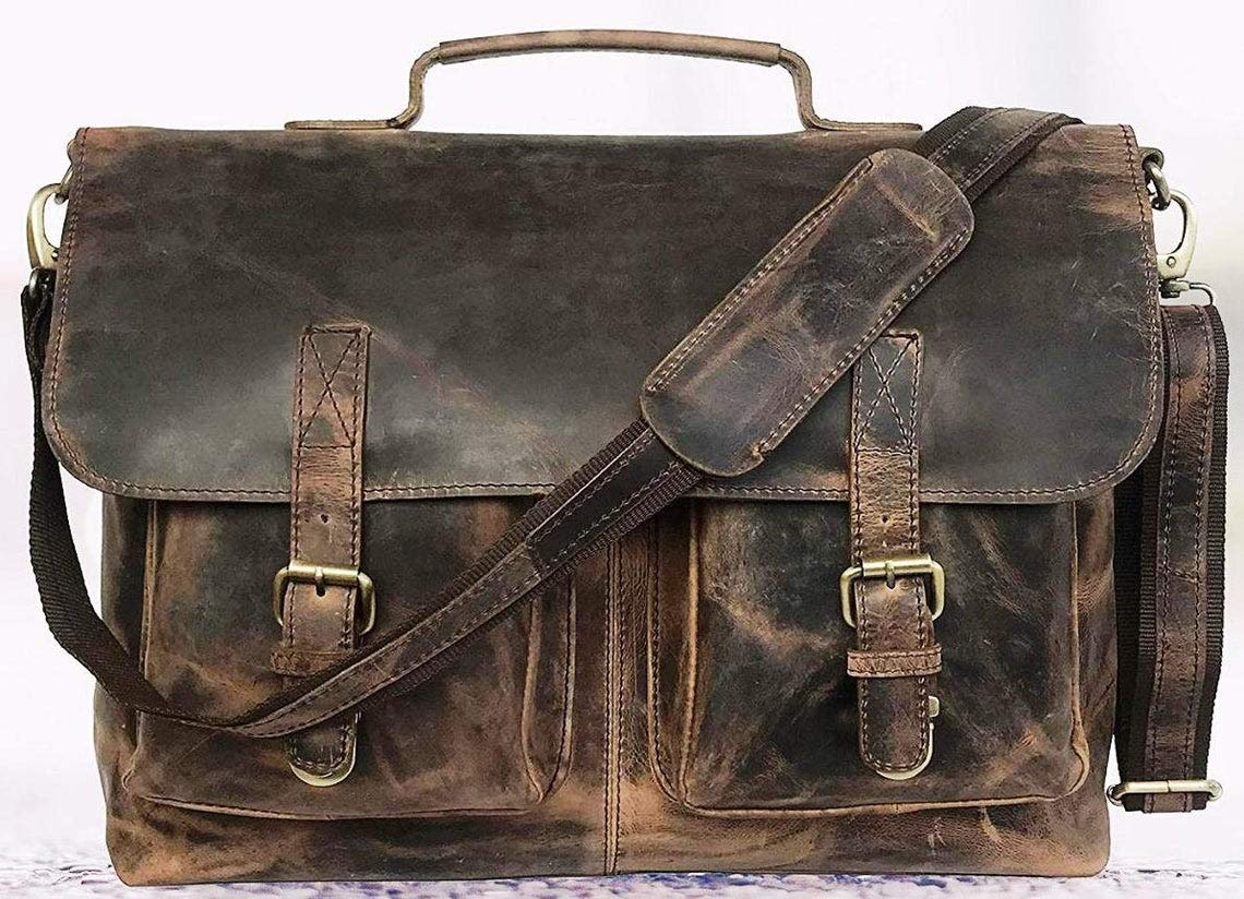 Vintage Buffalo Leather Messenger Bag for Men - Large Retro Laptop Briefcase for Office, College & Travel - Durable Leather Work Bag for Professionals & Students