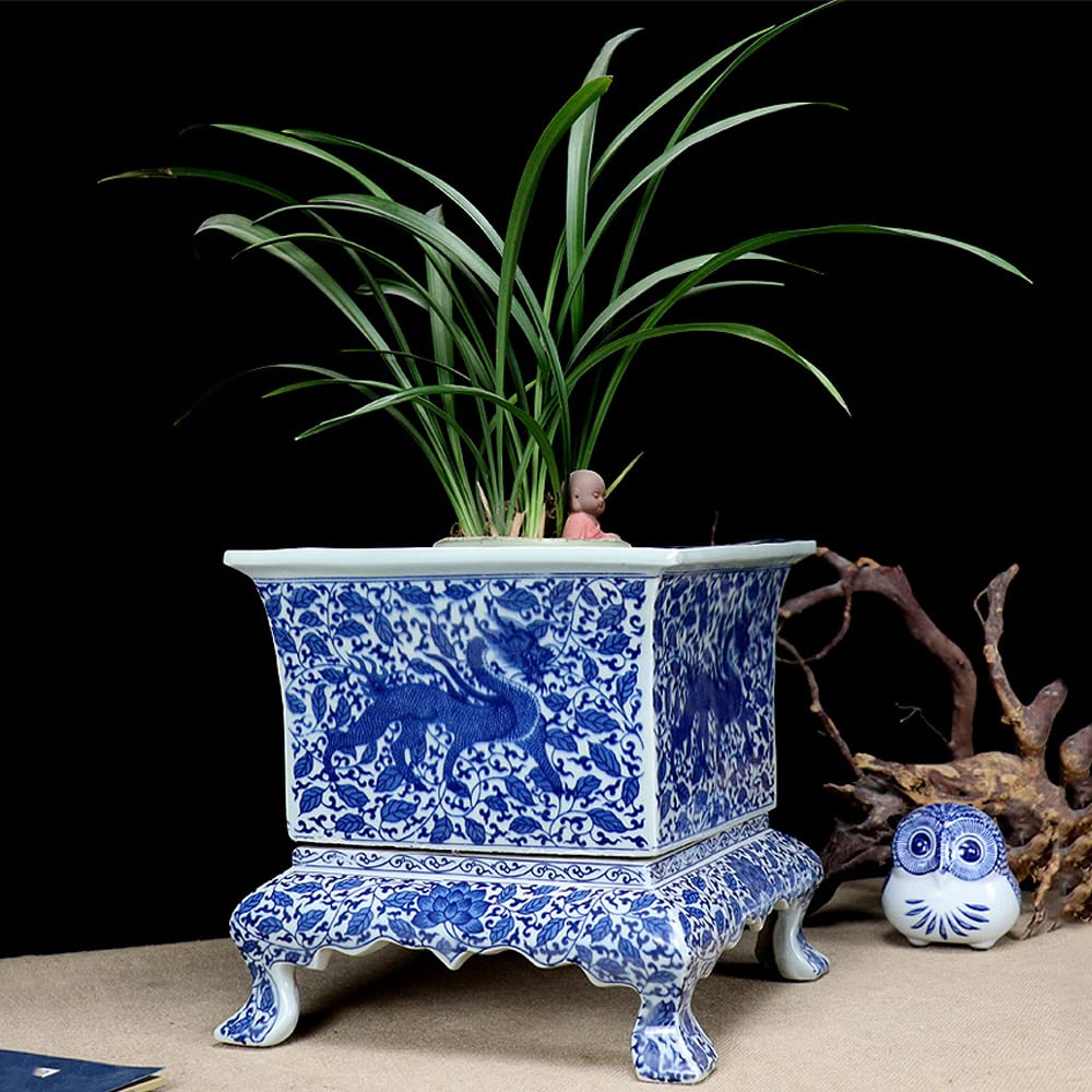 Hand-Painted Blue and White Chinese Porcelain Square Planter - Extra Large Jingdezhen Ceramic Flower Pot for Home Decor, Garden & Office Plants