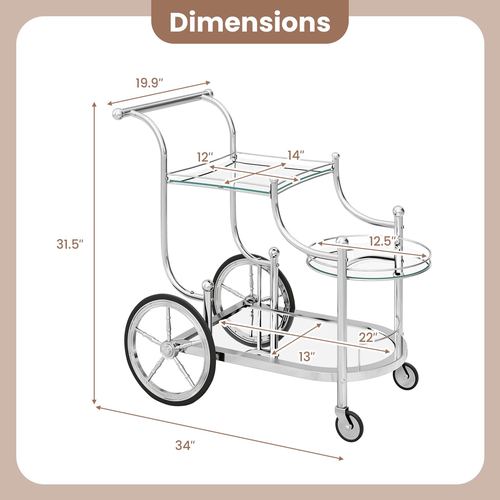 COSTWAY 3-Tier Glass Rolling Bar Cart with Locking Wheels - Mobile Serving Cart for Wine, Tea & Beverages - Perfect for Home, Hotel, Club & Party Use