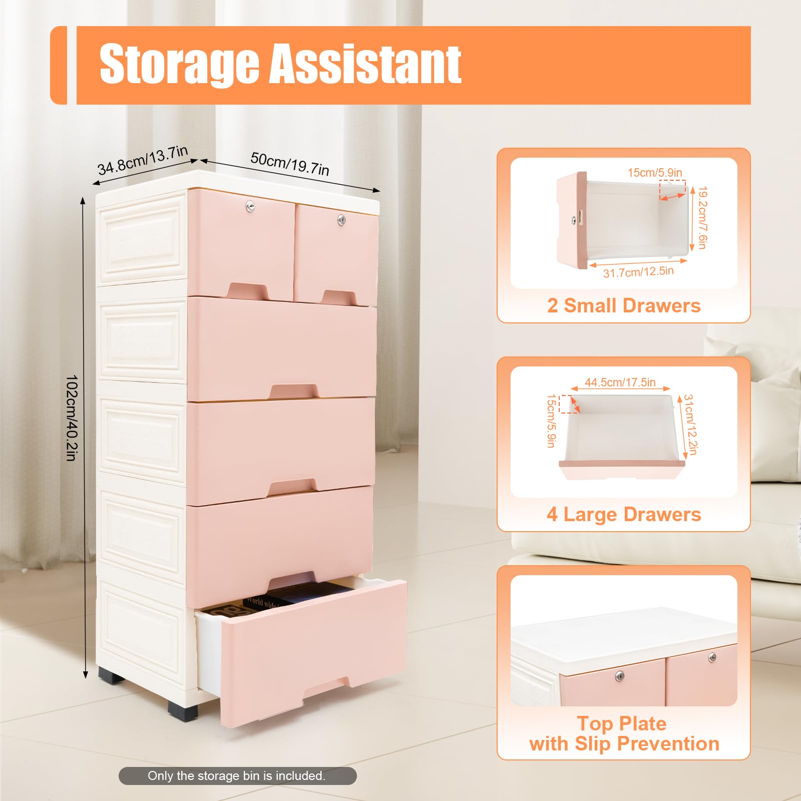 LOYALHEARTDY 6-Drawer Plastic Storage Dresser Cabinet - Tall Vertical Closet Organizer for Clothes, Toys & Bedroom Furniture - Space-Saving Pink Dresser for Playroom, Nursery & Home Organization