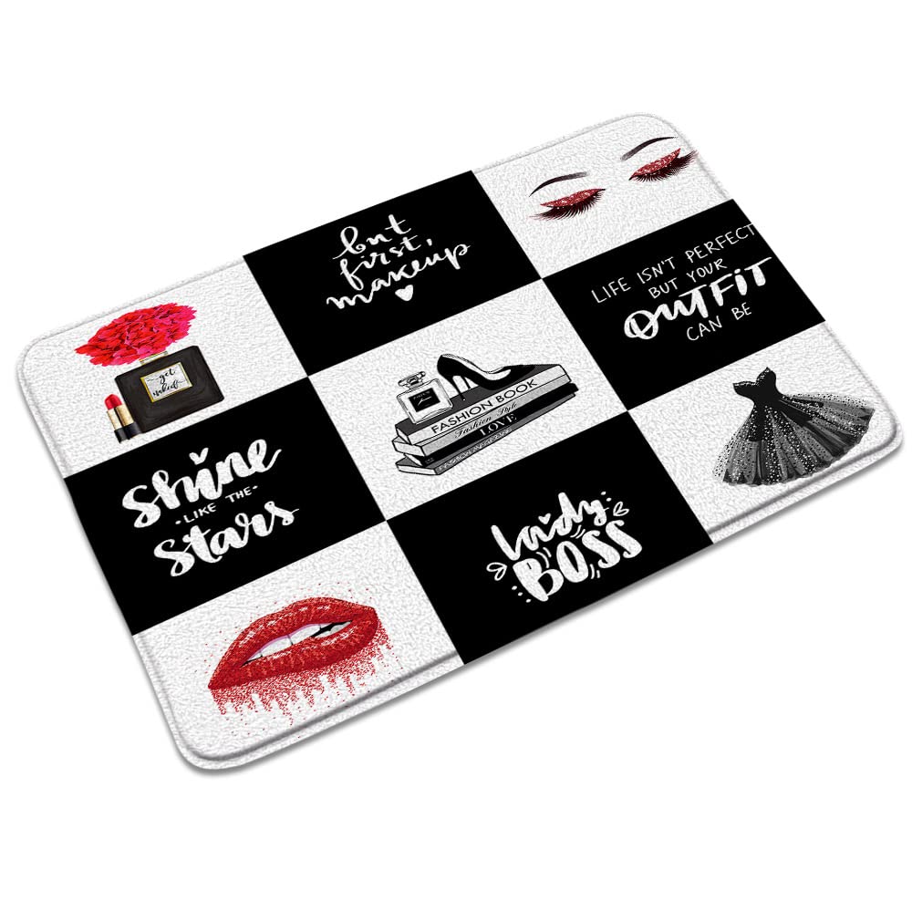 Stylish Black Bath Mat with Fashion Girl Design - High Heels, Perfume & Lipstick Print - Non-Slip Kitchen & Bathroom Rug (23.6 x 15.7 Inch) - Perfect for Modern Home Decor, Laundry Room & Vanity Area