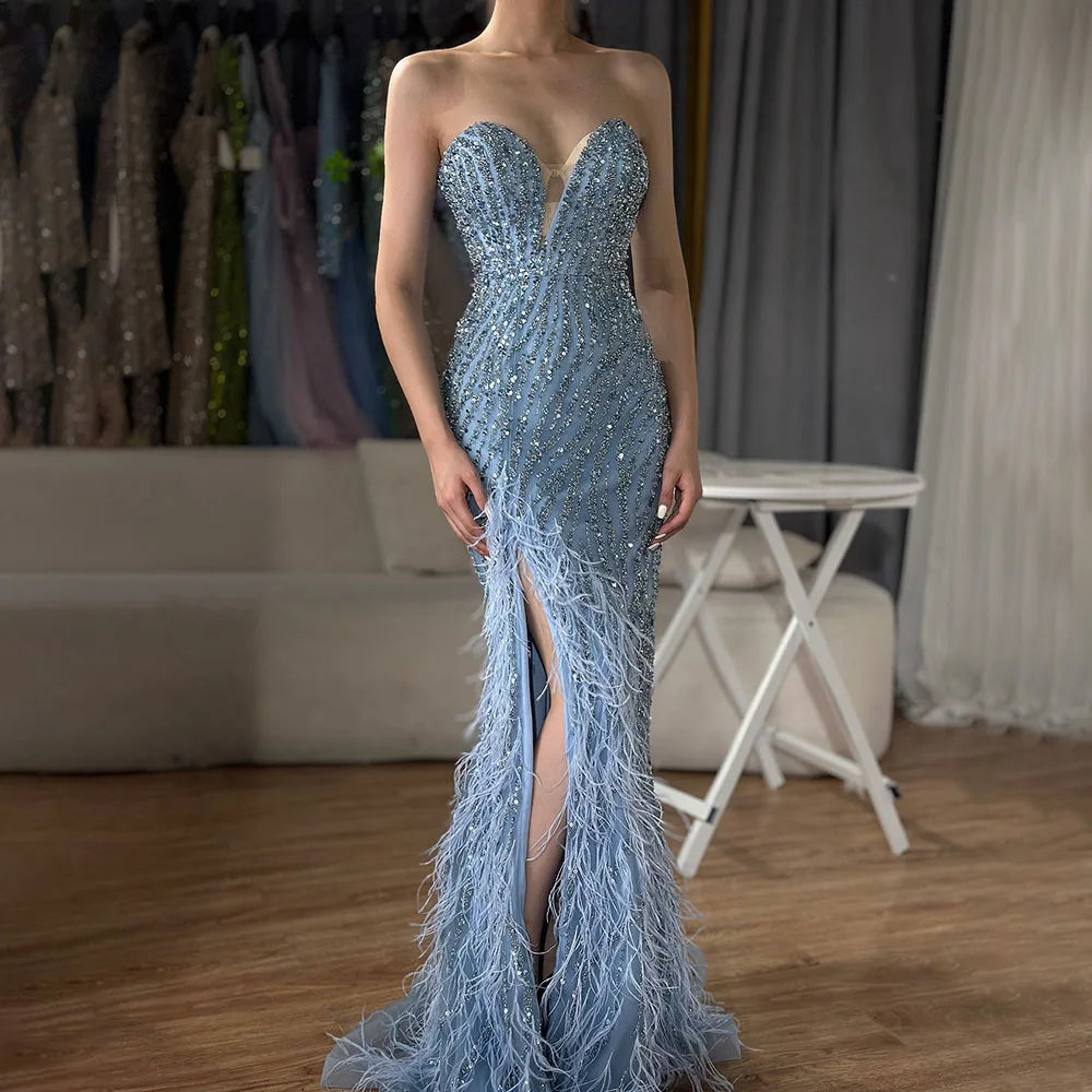 Elegant Blue Feather Beaded Evening Gown with Side Slit - LA72695 | Perfect for Prom, Gala & Formal Events