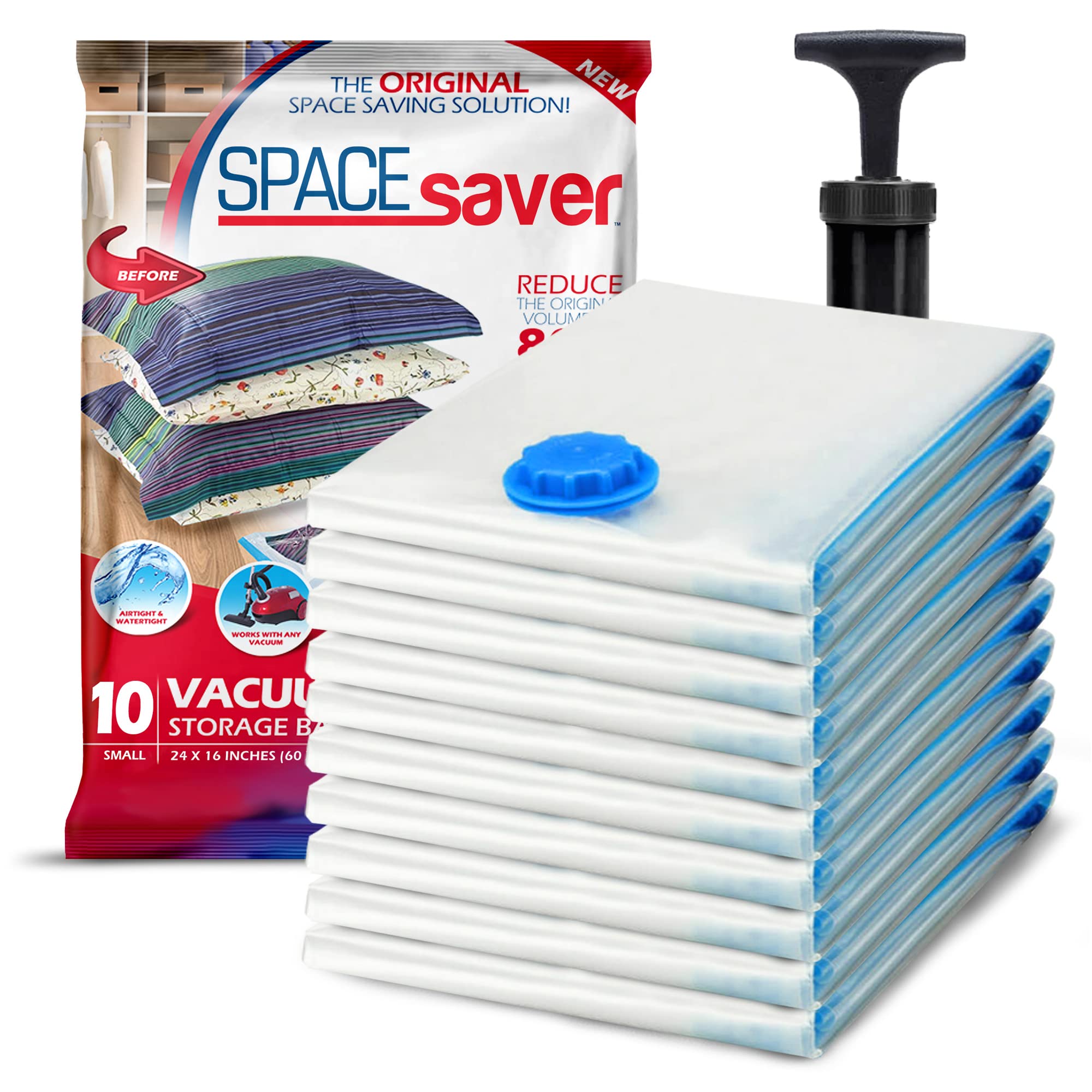 Spacesaver Vacuum Storage Bags (10-Pack Small) - 80% Space Saving Compression Bags for Clothes, Blankets, Bedding & Travel - Includes Hand Pump - Perfect for Home Organization, Seasonal Storage & Space-Saving Travel Luggage
