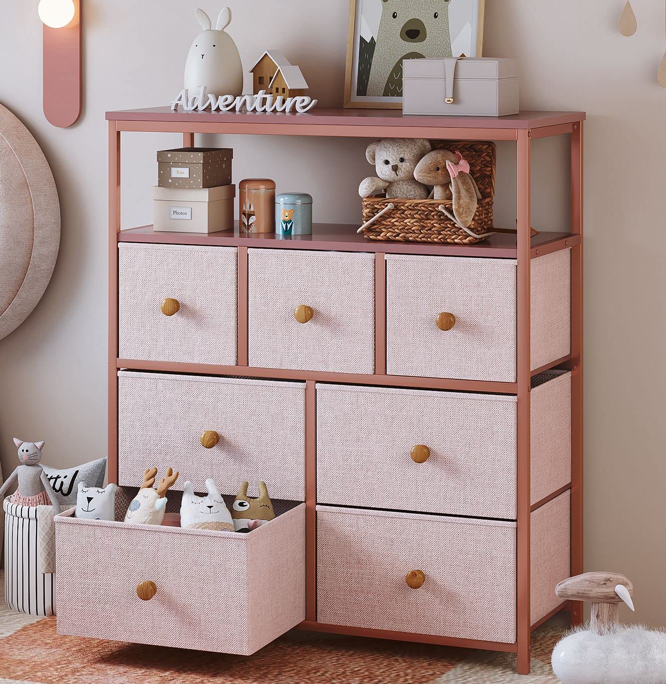 Pink Dresser for Girls Bedroom - 7 Drawers & 2 Shelves with Wooden Top & Metal Frame - Modern Storage Dresser & Chest for Bedroom Organization - Perfect for Clothes, Toys, and Accessories Storage in Kids Room