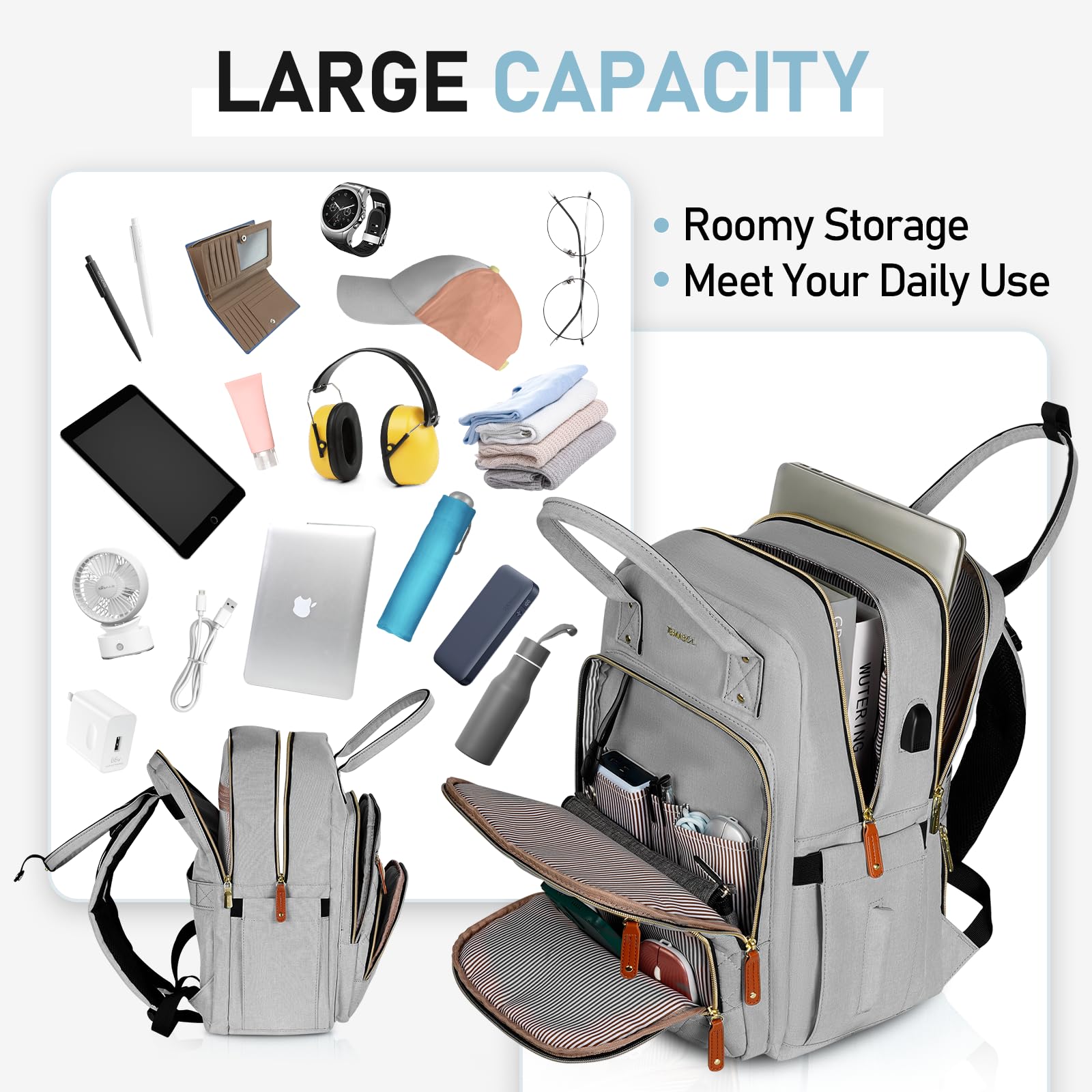 Anti-Theft Laptop Backpack for Women - 15.6 Inch USB Charging Travel Backpack, Stylish College & Business Computer Bag for Office, Teacher, Nurse - Perfect for Work, School & Daily Commute (Grey)