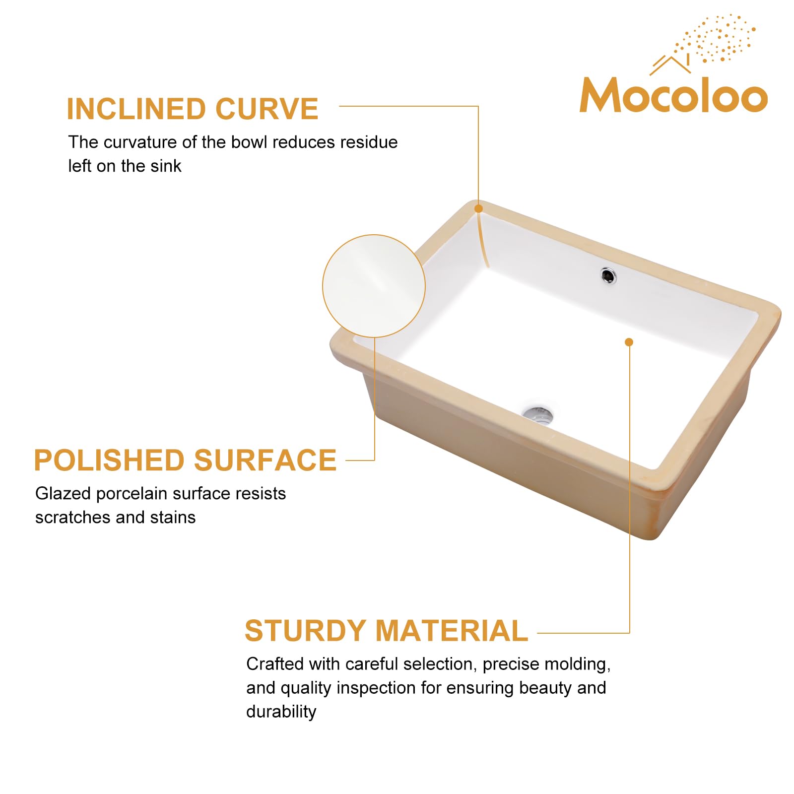 Mocoloo 22x16 Inch White Undermount Bathroom Sink - Rectangular Porcelain Ceramic Vanity Sink with Overflow Drain & Vertical Sides - Perfect for Modern Bathroom Renovations & Home Remodeling Projects