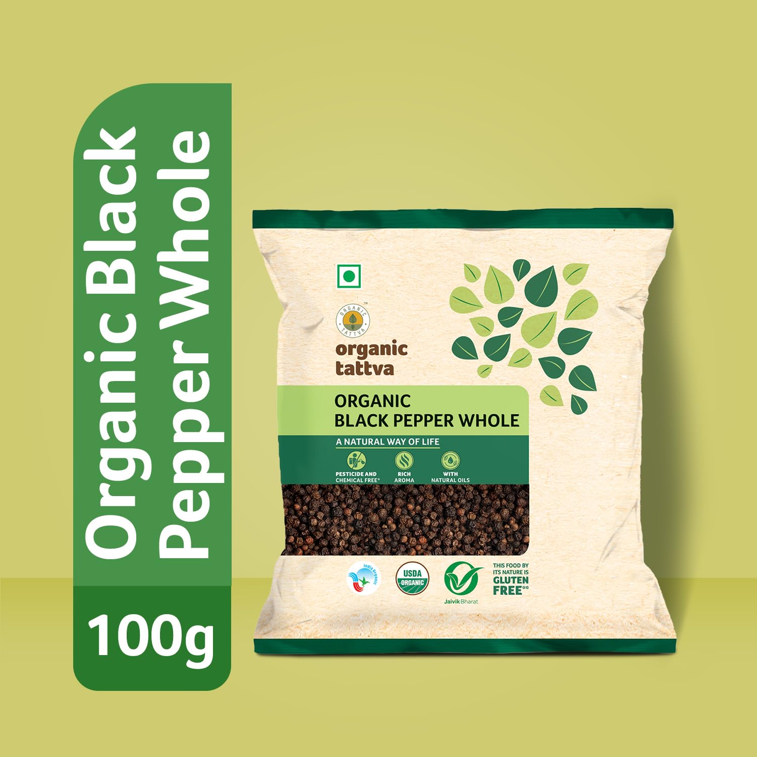 Organic Tattva Gluten-Free Black Pepper (Kali Mirch) - 100g | Farm-Fresh, Naturally Processed, No Artificial Additives | Perfect for Cooking, Seasoning & Healthy Recipes