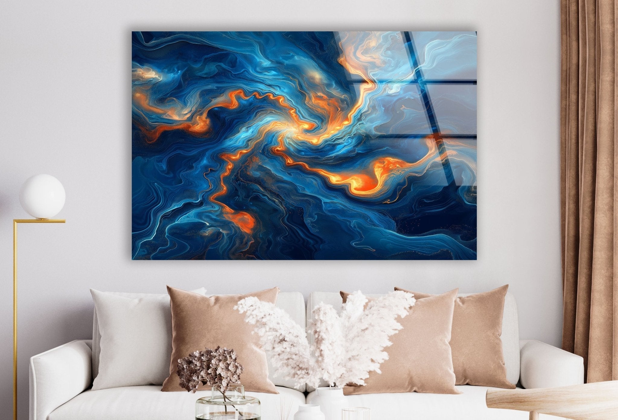 Abstract Swirling Blue and Orange Glass Wall Art - Handmade Modern Home Decor for Living Room, Bedroom & Office - Unique Contemporary Wall Sculpture