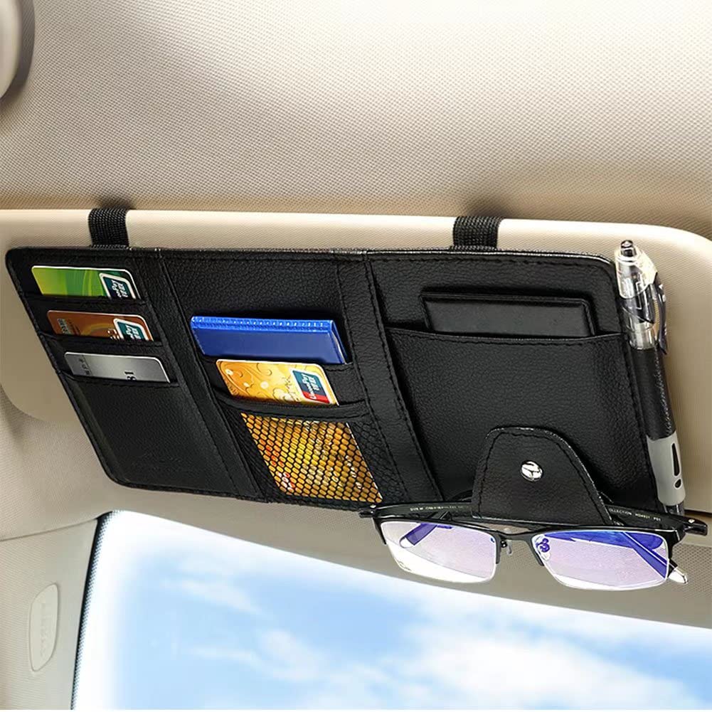 BNRSUUI 2 Pack Car Sun Visor Organizer - PU Leather Auto Storage Pouch with Multiple Pockets & Zipper for Car, Truck, SUV - Perfect for Sunglasses, Phones, Cards & Road Trip Essentials (Black)