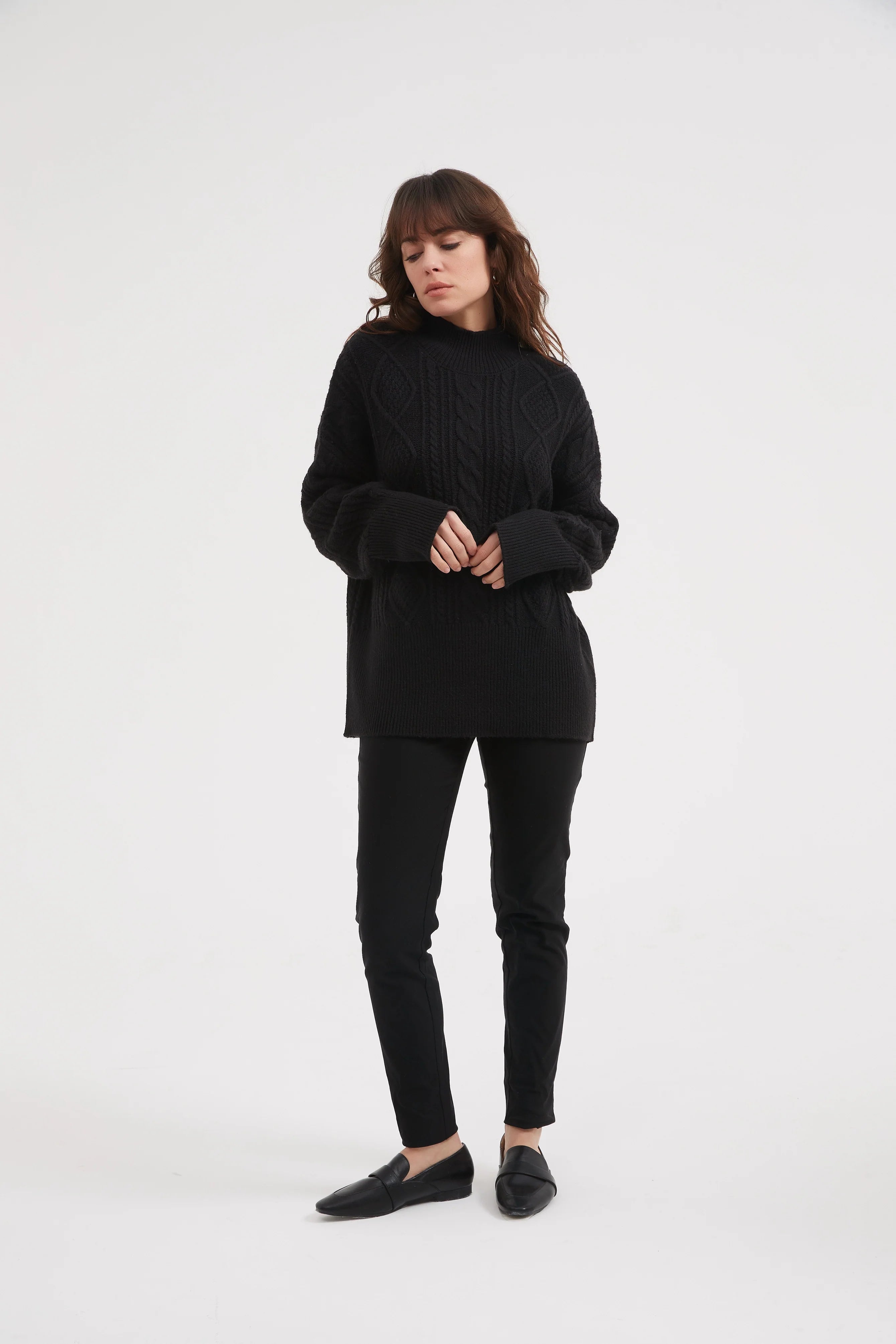 Classic Black Cable Knit Turtleneck Sweater for Women - Cozy Winter Pullover for Office, Casual & Holiday Outfits