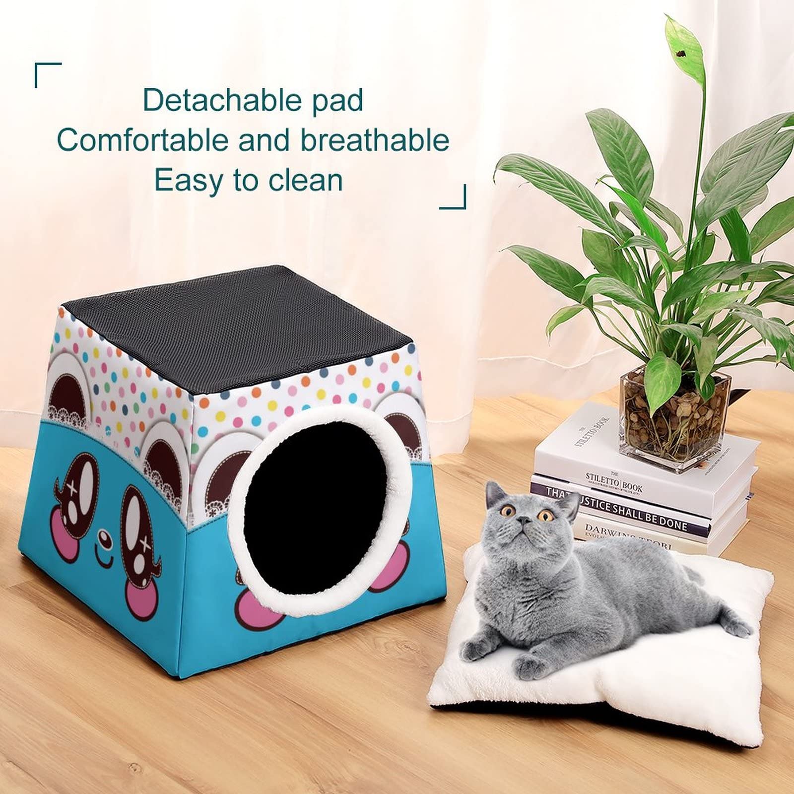 3-in-1 Foldable Cat House with Removable Cushion - Convertible Cat Bed, Sofa & Scratching Post - Cute Cat Face Design for Indoor Kittens - Perfect for Living Room, Bedroom & Pet Play Areas