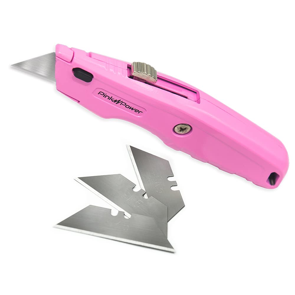 **Pink Retractable Utility Knife - Heavy Duty Box Cutter with 3 Blades & Storage Compartment - Carpet, Packaging & DIY Tool - Perfect for Women, Crafting & Home Use**