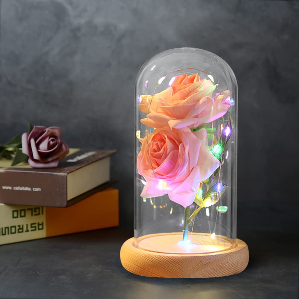 Custom Photo Text Red Silk Eternal Rose in Glass Dome with LED Light & Wood Base - Valentine's Day Home Decor, Anniversary Gift for Wife, Romantic Preserved Flower for Wedding, Birthday & Special Occasions