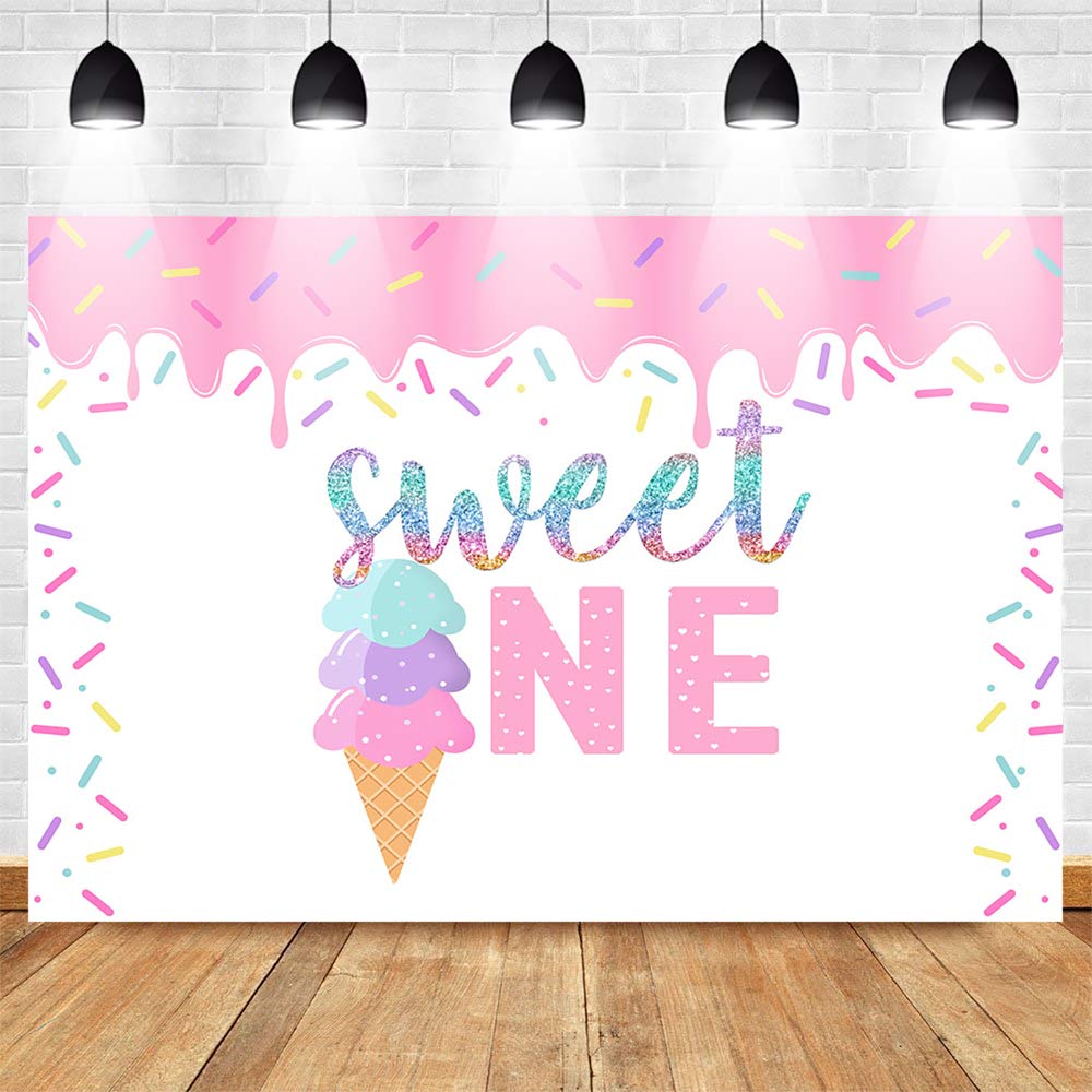 **Sweet Ice Cream Backdrop - 7x5ft Summer Birthday Party Decor for Girls, 1st Birthday Cake Table & Photo Booth Props - Mocsicka Sweet One Theme**    *(Perfect for 1st birthday parties, summer celebrations, baby showers, dessert tables, and photo booth backdrops!)*