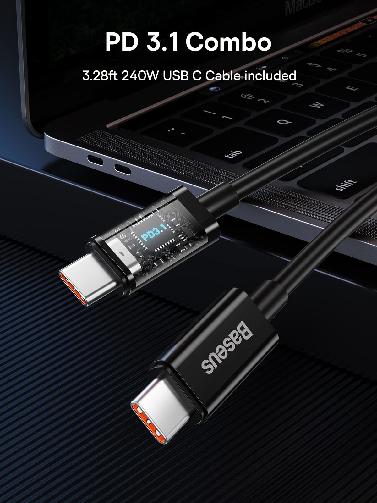 Baseus 140W USB C Wall Charger PD 3.1 with 3.3ft USB C to C Cable - 3-Port GaN5 Fast Charger for MacBook Pro 16