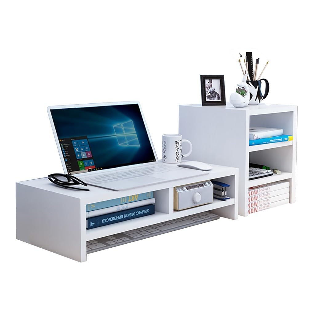 Tyewomiy 3-Tier Monitor Stand for Computer & Laptop - White Desktop Organizer with Storage Shelves (75.7x25x27.6cm) - Perfect for Home Office, Gaming Setup & Workspace Organization