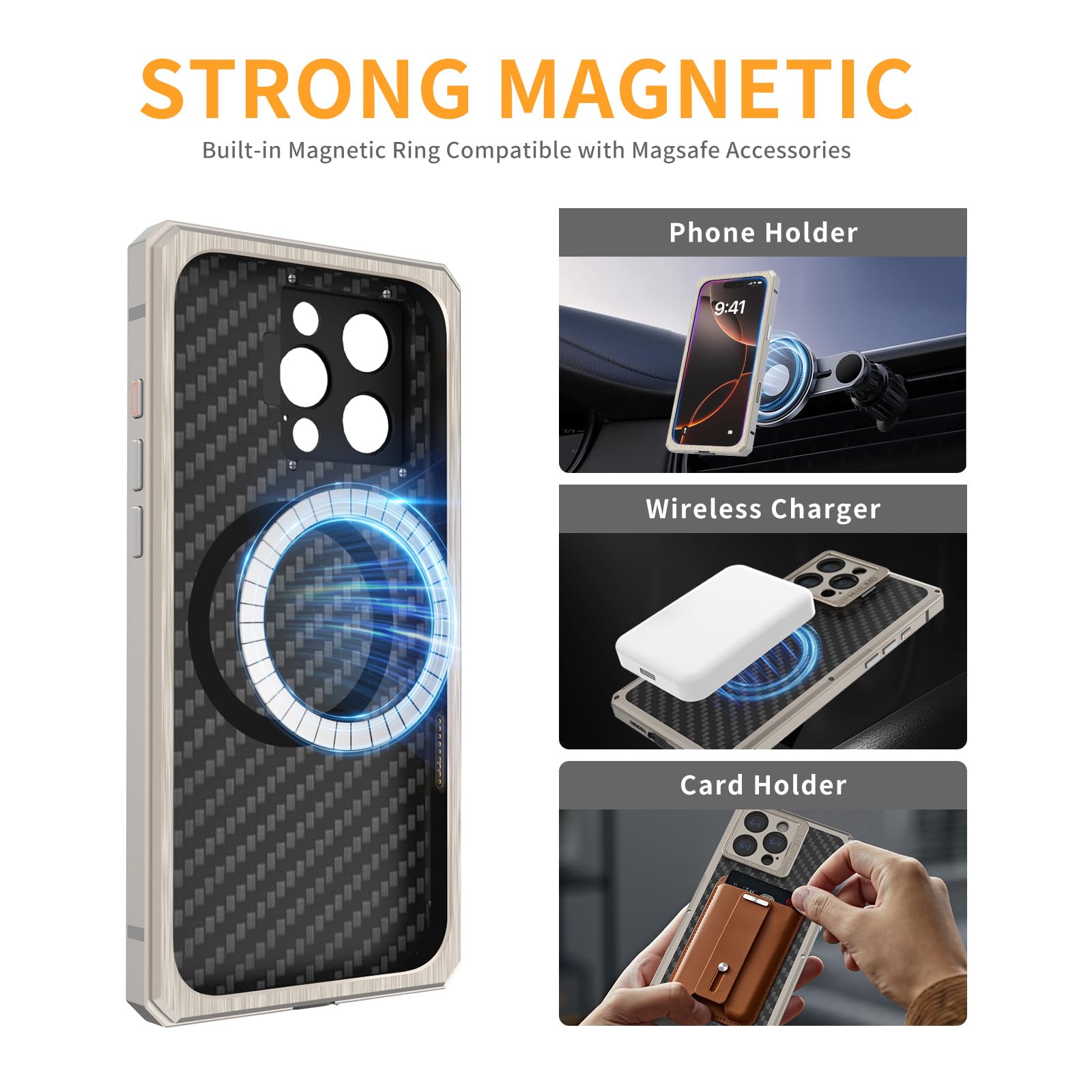 Premium Carbon Fiber Aluminum Case for iPhone 16 Pro Max - Military-Grade Shockproof Protection with Camera Lens Cover & Built-in Magsafe Magnetic Ring | Slim Durable Titanium Phone Cover for Work, Travel & Outdoor Adventures