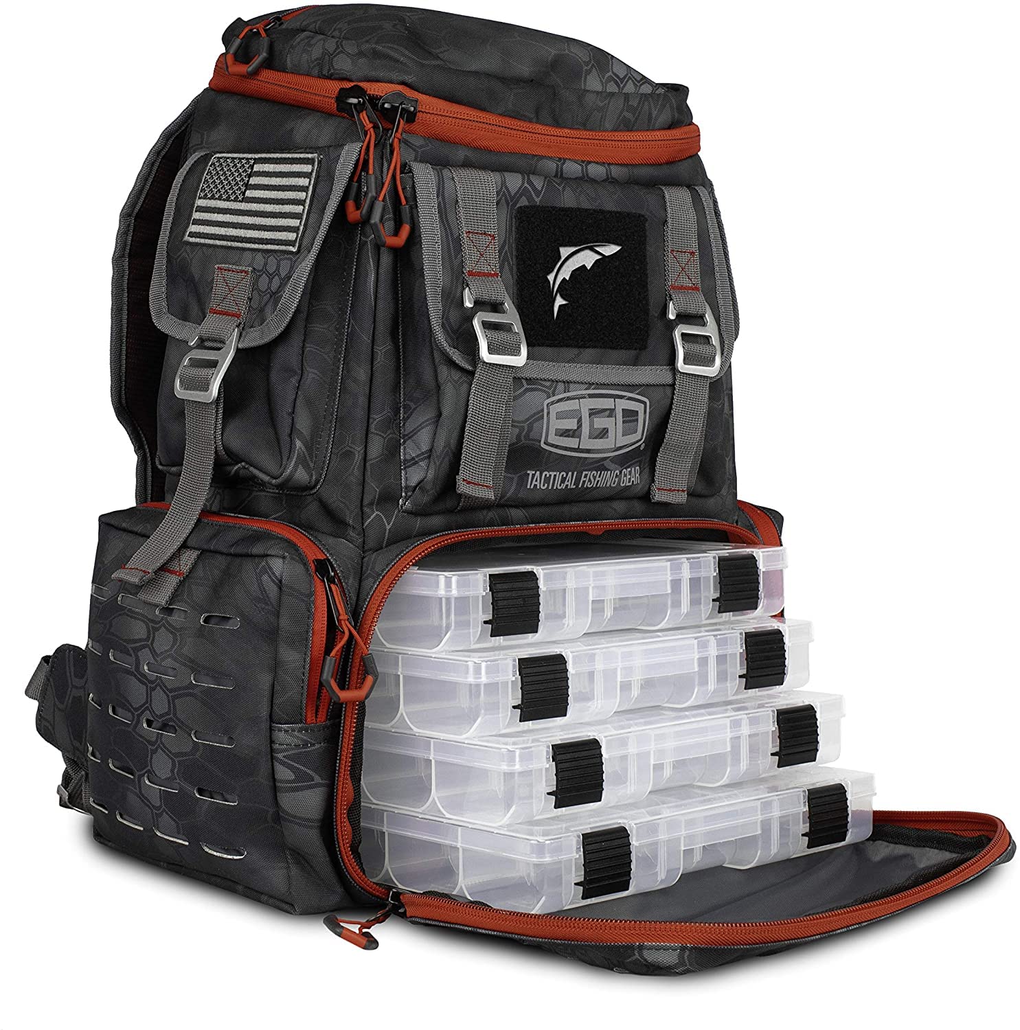 **EGO Kryptek Tactical Fishing Backpack – Water-Resistant 1000D Nylon Tackle Box with PVC Back, Multiple Storage Pockets & Laser-Cut MOLLE Loops – Includes 4 Tackle Trays – Perfect for Outdoor Fishing, Camping & Hiking Adventures**