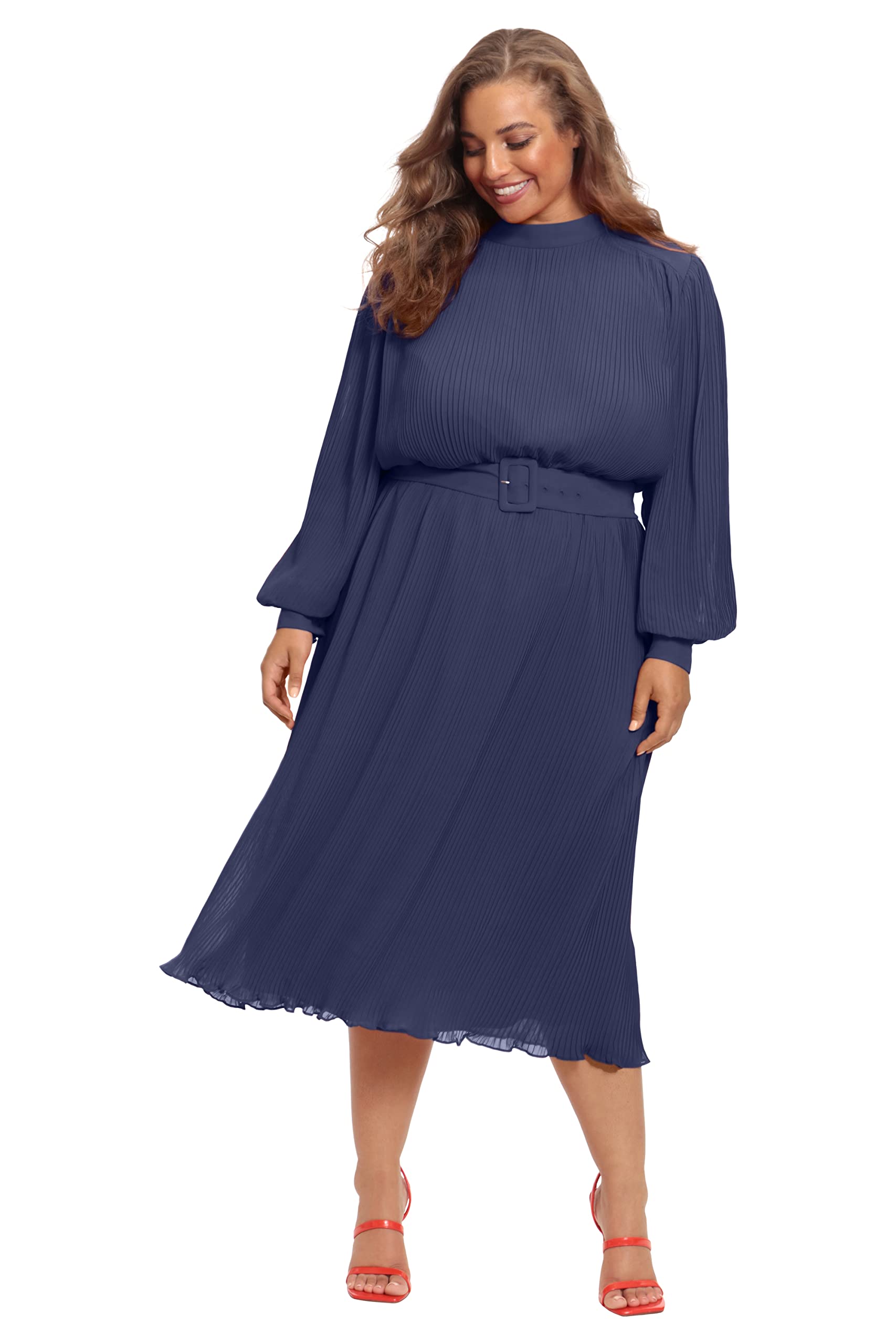 Maggy London Pleated Georgette Dress with Belt for Women | Office & Party Wear
