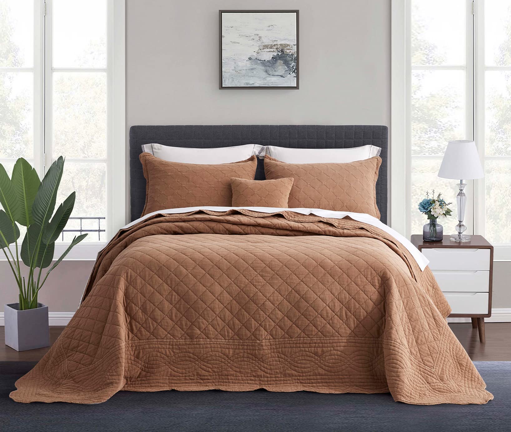 Oversized King Bedspread Set 128x120 - Shabby Chic Rustic Style - Enzyme Washed Ultra Soft Reversible Cotton/Polyester Comforter - 5 Piece King/Cal King Size in Toasted Nut - Perfect for Farmhouse, Cottage & Cozy Bedroom Decor