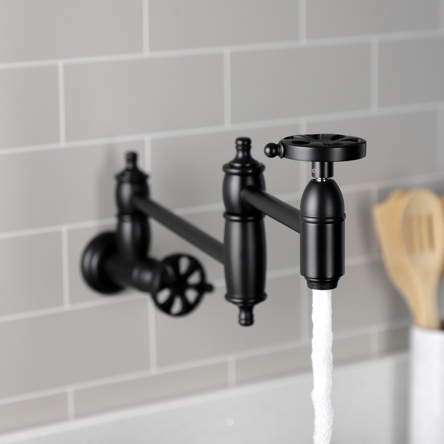 Belknap KS3100RX Matte Black Wall Mount Pot Filler Faucet - Two Handle Commercial Style for Kitchen Sink, Perfect for Cooking, Filling Large Pots & Pans