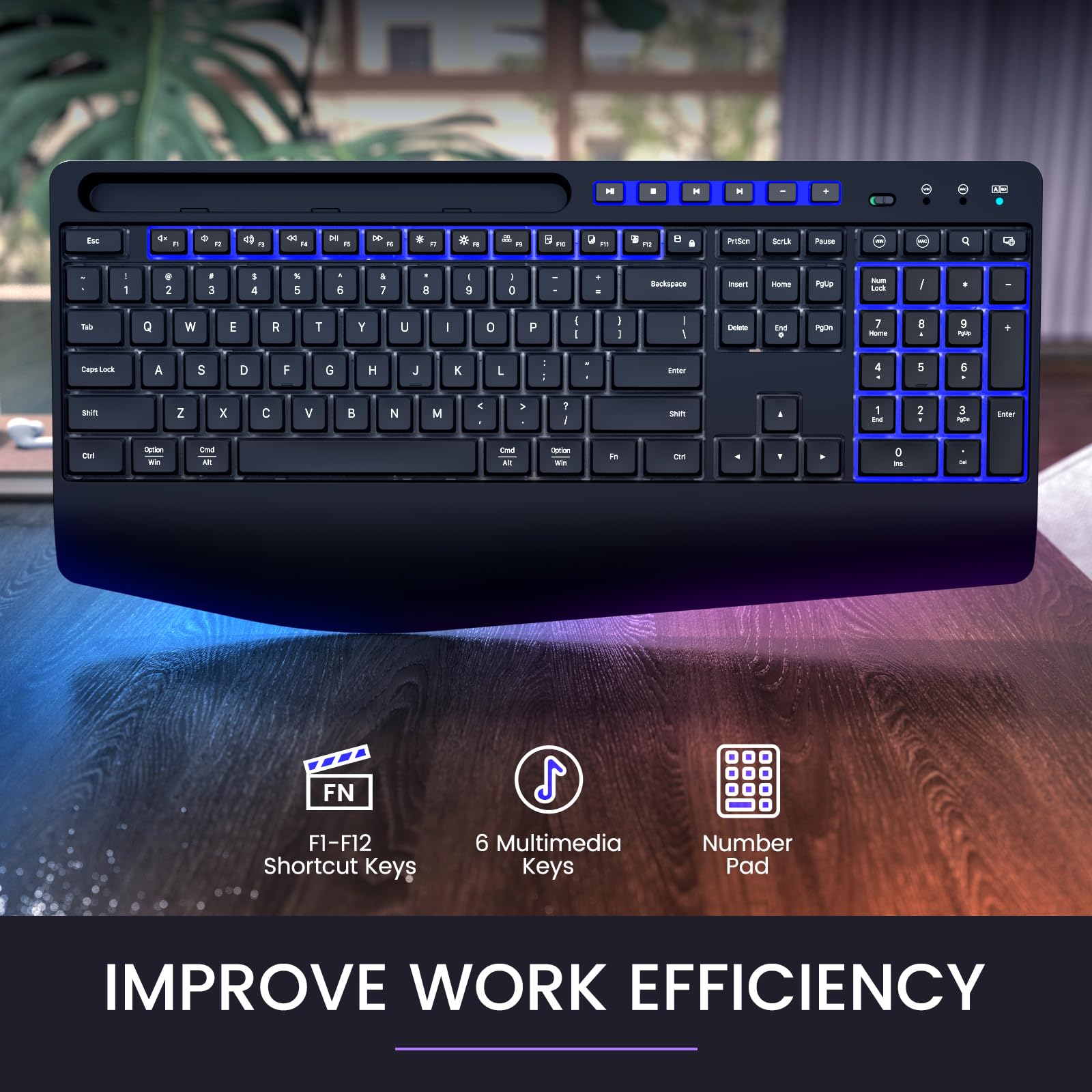 RGB Backlit Wireless Keyboard and Mouse Combo - 2.4G Rechargeable Full-Size Ergonomic Set with Phone/Tablet Holder | Silent Typing for PC, Laptop, Office & Gaming Use