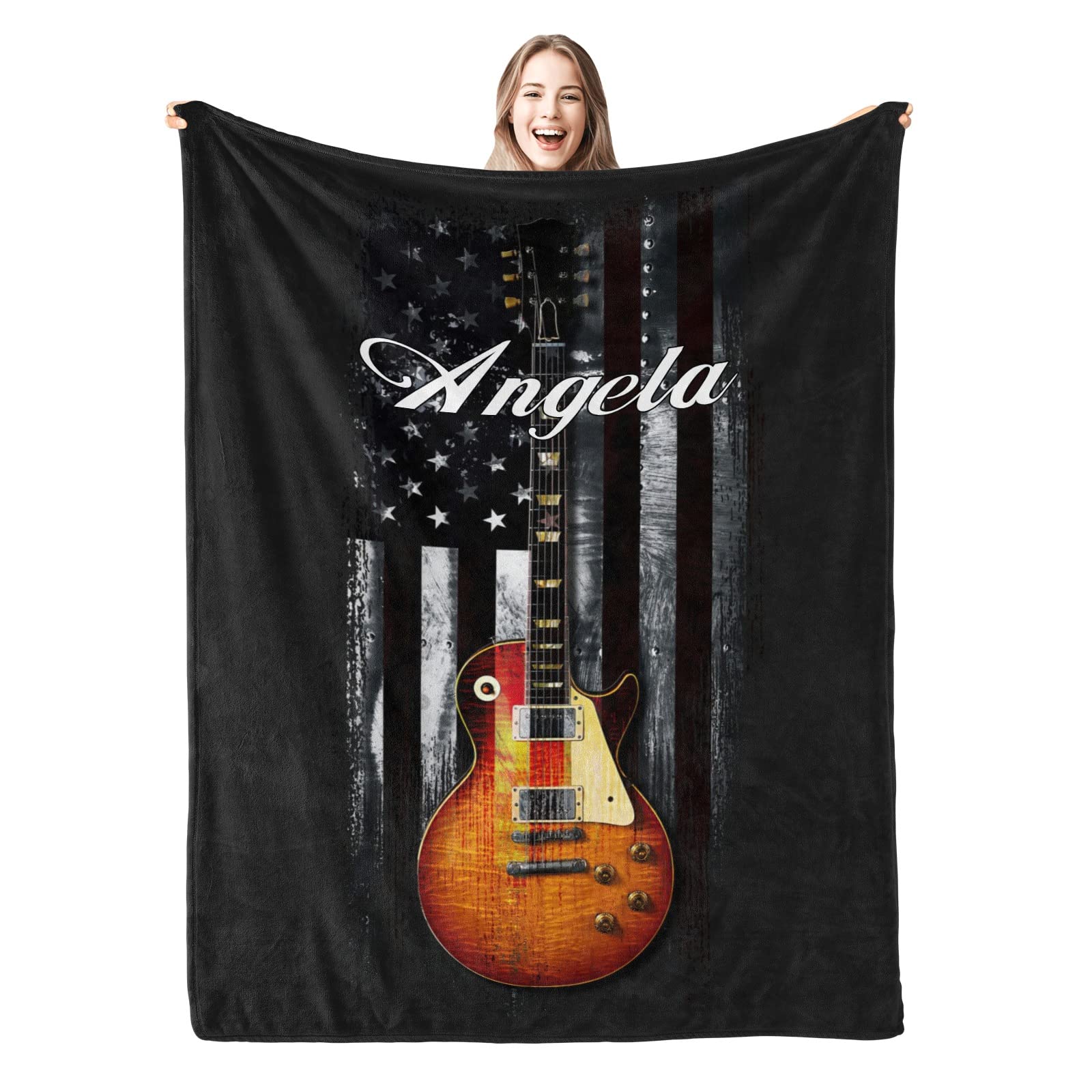Personalized American Flag Guitar Fleece Blanket 50'' x 60'' - Soft Cozy Throw for Bed, Sofa & Couch - Perfect Birthday & Wedding Gift for Music Lovers - Great for Home Decor, Camping & Gifting