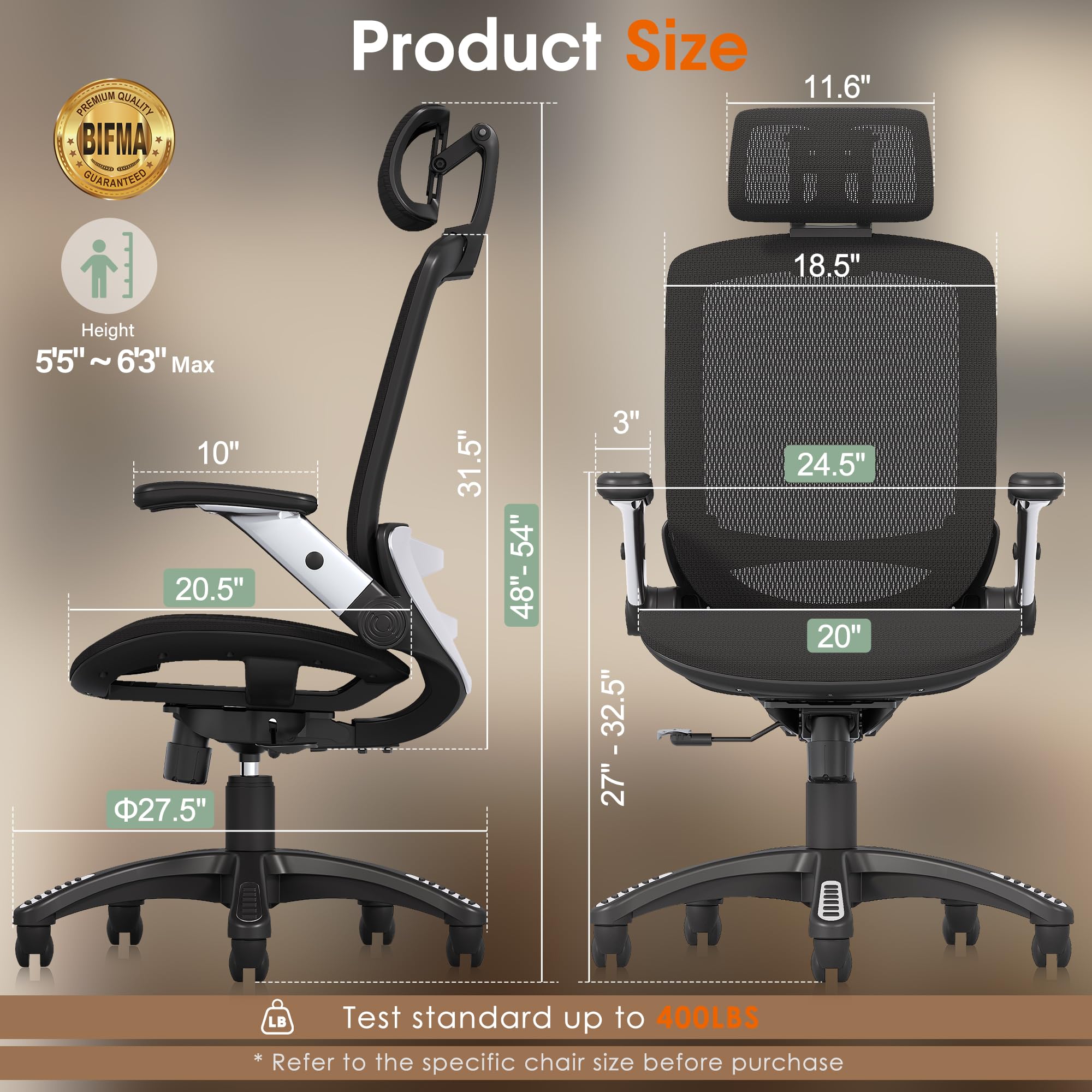 GABRYLLY Ergonomic Office Chair - High Back Mesh Computer Chair with Adjustable Headrest, Lumbar Support & Armrests, 400 lb Weight Capacity, 90-120° Reclining, Soft Seat Cushion - Perfect for Home Office, Gaming & Long Work Sessions