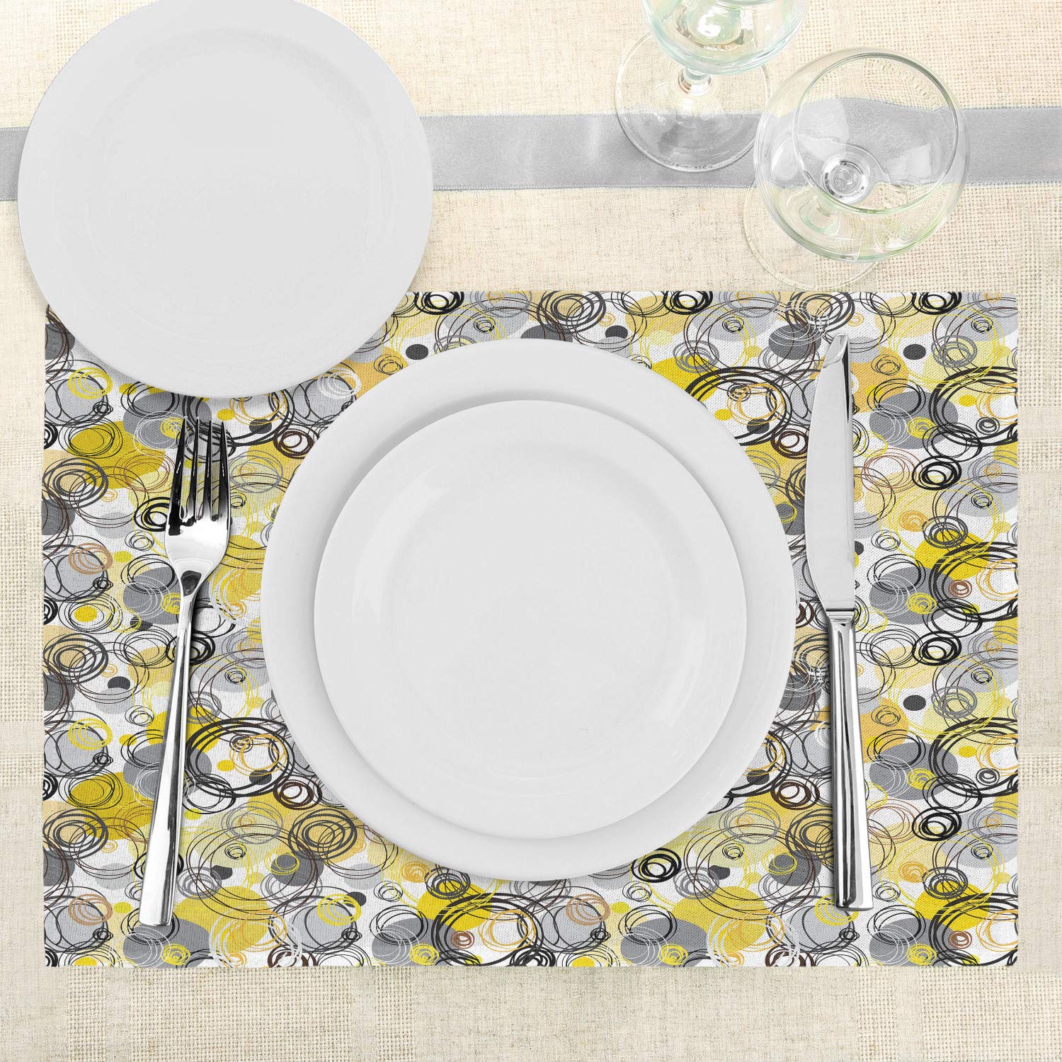 Ambesonne Grey and Yellow Place Mats Set of 4 - Hand Drawn Geometric Retro Circles Design - Washable Fabric Dining Table Mats for Kitchen & Home Decor - Perfect for Dinner Parties, Holiday Meals & Everyday Use (Brown, Beige, Black, White)