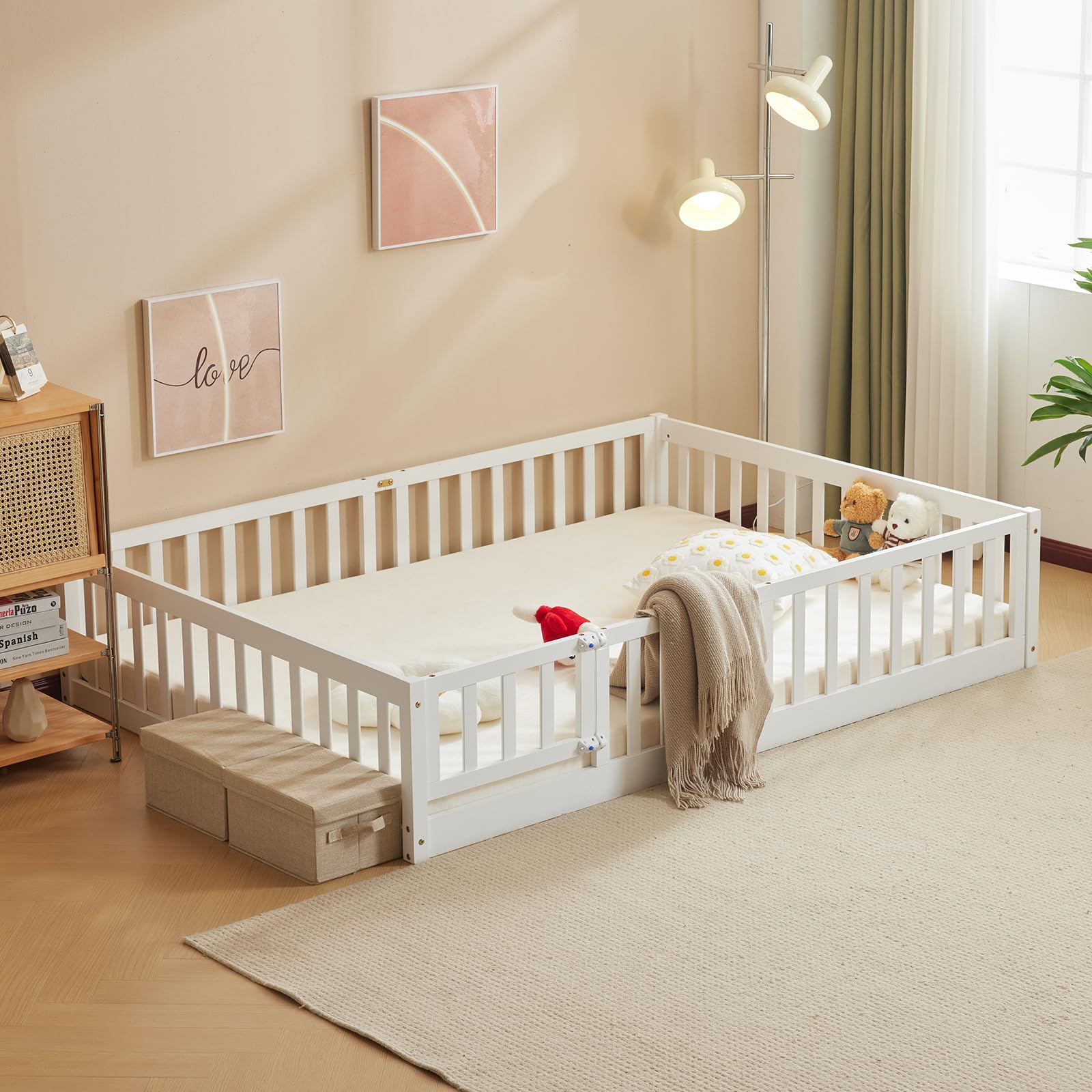 Montessori Toddler Floor Bed with Safety Door & Fence - Solid Wood Queen Size Kids Bed Frame with 12 Slats & Guardrails for Boys & Girls (White) - Perfect for Safe Sleeping & Montessori Bedroom Decor