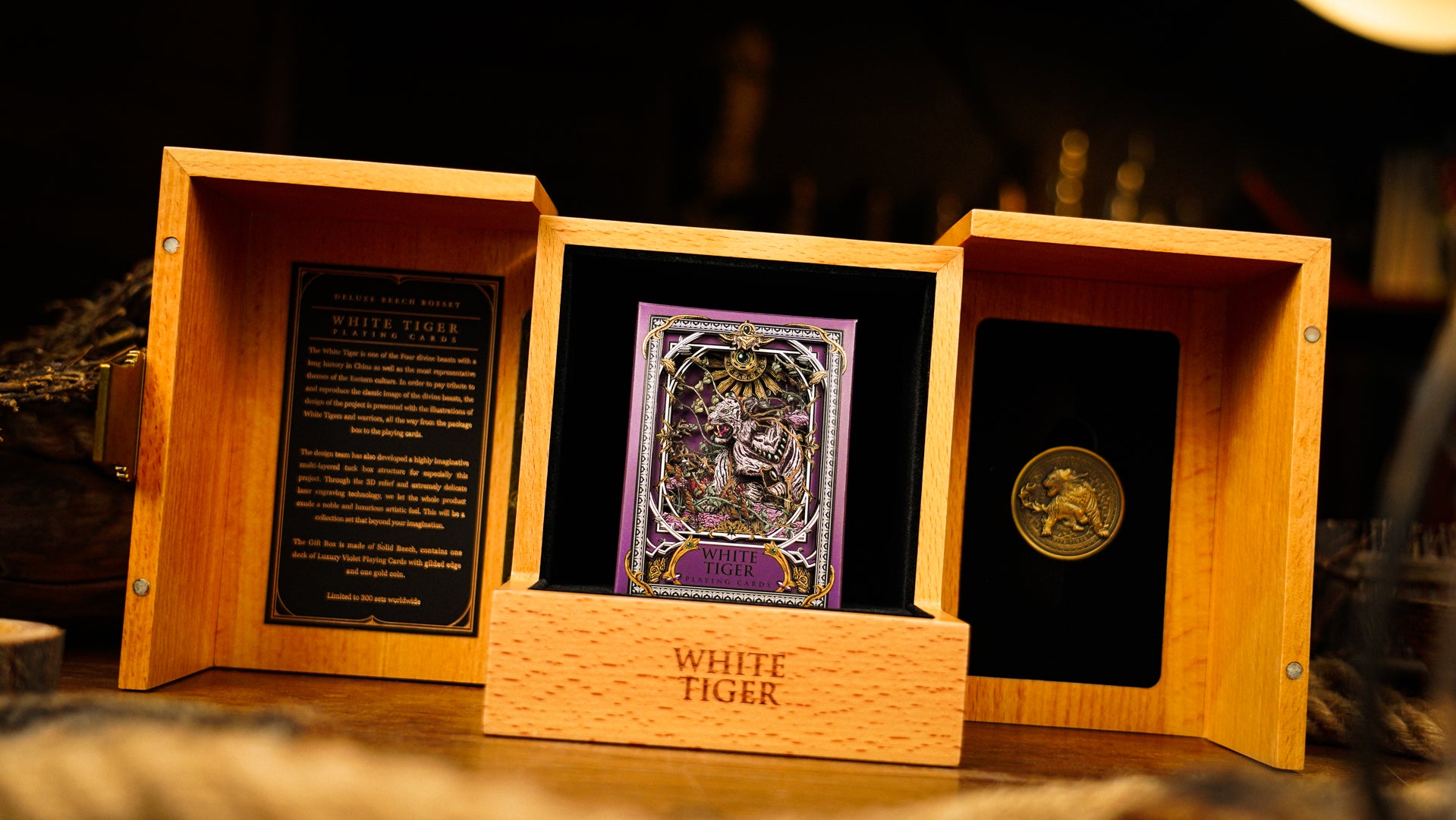 Premium White Tiger Gilded Playing Cards Set - Luxury Beech Wood Box - Perfect for Poker, Magic Tricks & Collectible Card Games