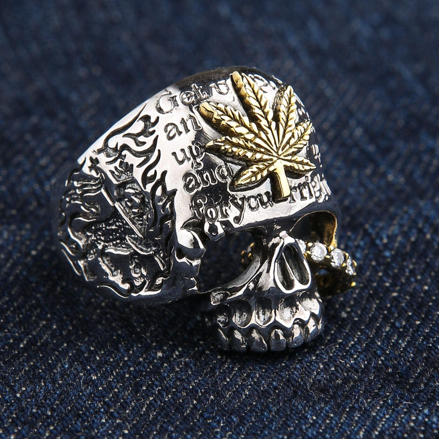 Punk Style Marijuana Leaf Sterling Silver Skull Ring for Men - Gothic Jewelry for Bikers, Rock Music Fans & Alternative Fashion Lovers