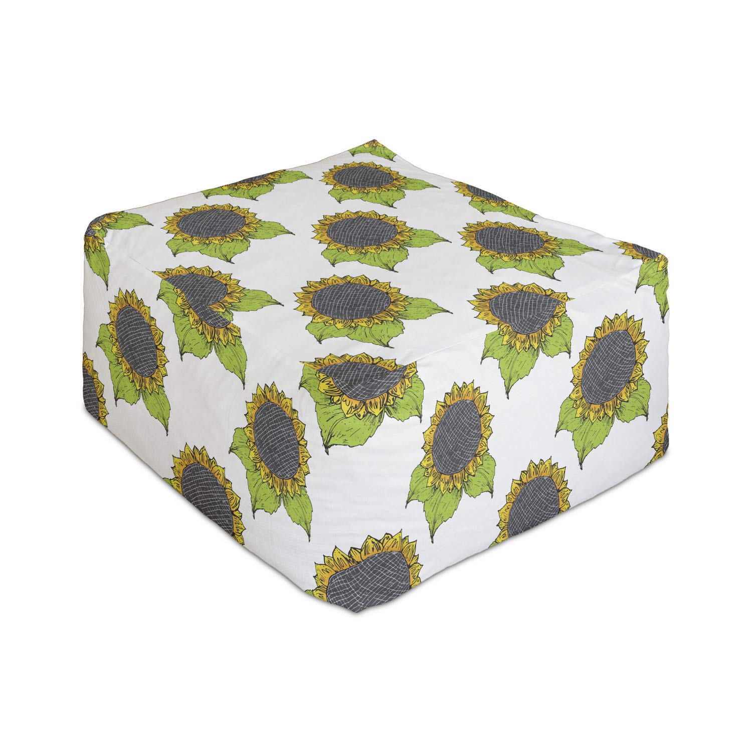 Ambesonne Floral Rectangle Pouf - Hand Drawn Sunflowers with Vibrant Spring Leaves, 25