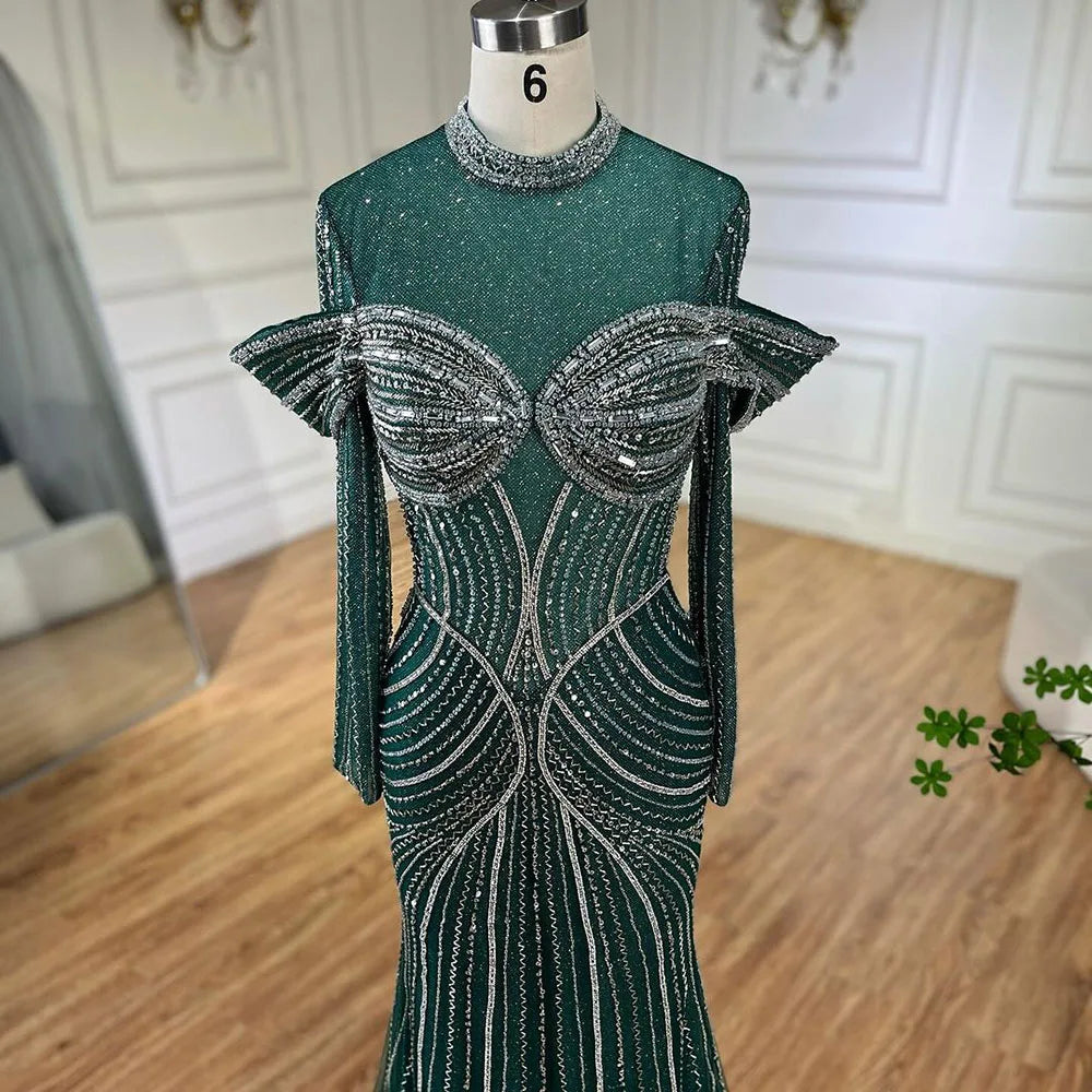 Elegant Beaded Mermaid Evening Gown for Women - Luxury Dubai Style Muslim Wedding Dress | Serene Hill Green Formal Gown for Special Occasions, Parties & Bridal Events 2025 | LA72547