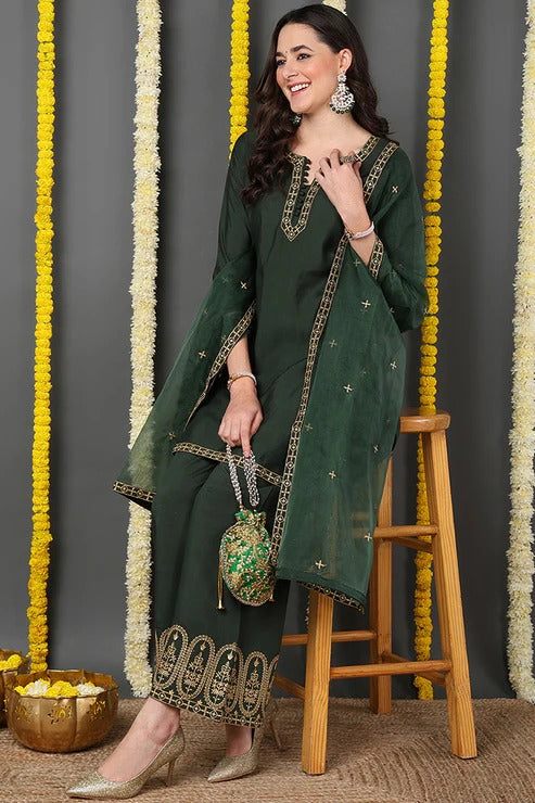 Elegant Green Silk Blend Suit Set for Women - Diwali & Festival Outfit - Perfect for Weddings, Parties & Special Occasions