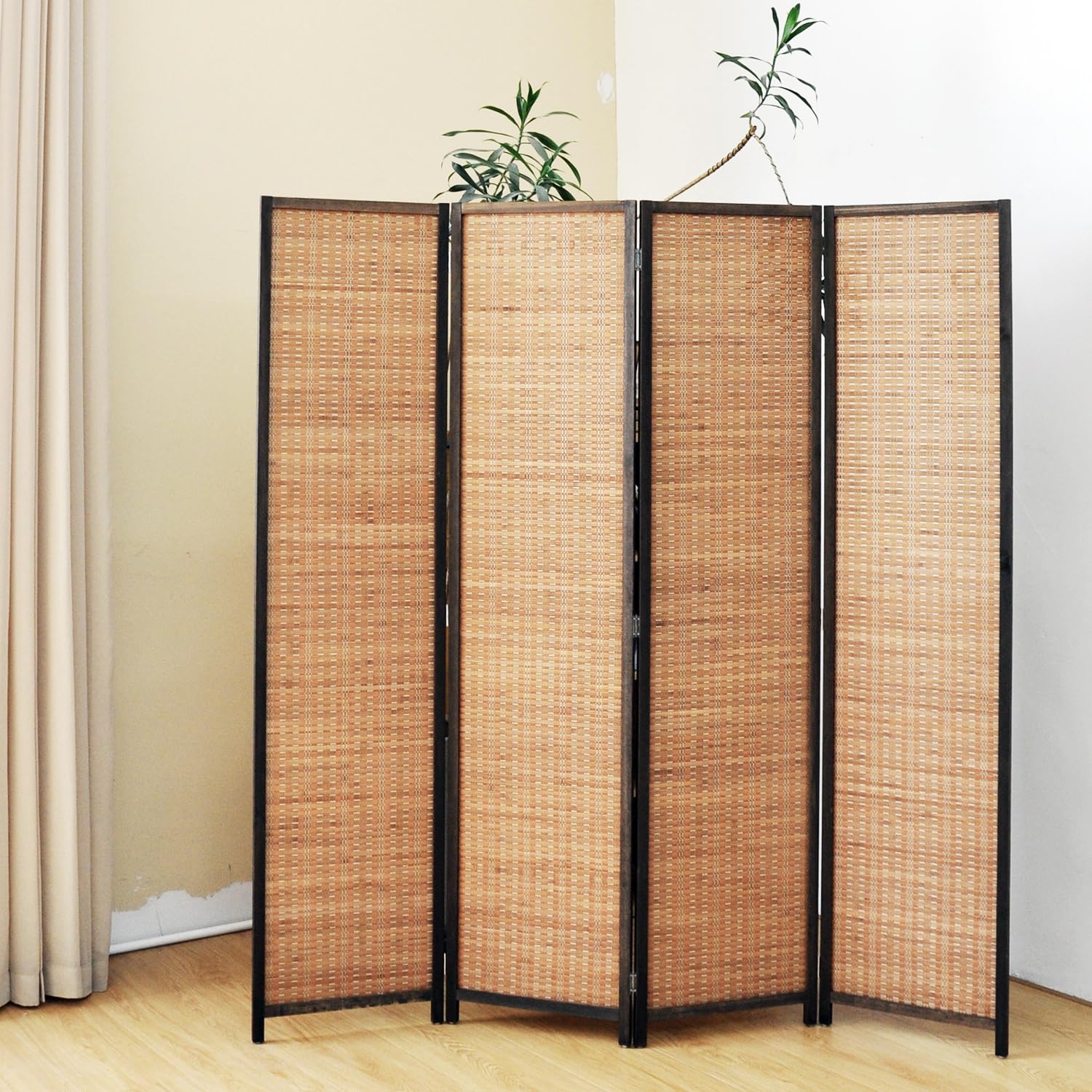 5.6 FT Tall 4-Panel Bamboo Room Divider Screen - Freestanding Folding Privacy Partition for Home, Office & Bedroom - Natural Brown Room Separator for Indoor Spaces, Yoga Studios and Event Decor