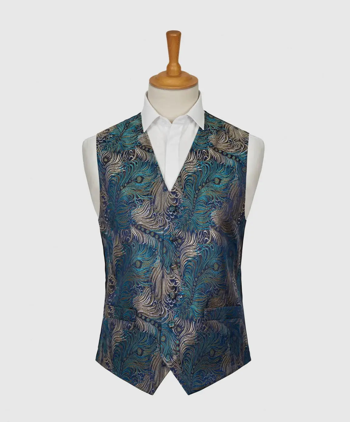 LA Smith Navy Blue Gold Feather Fancy Waistcoat Vest for Men - Elegant Formal Wear for Weddings, Parties & Special Occasions